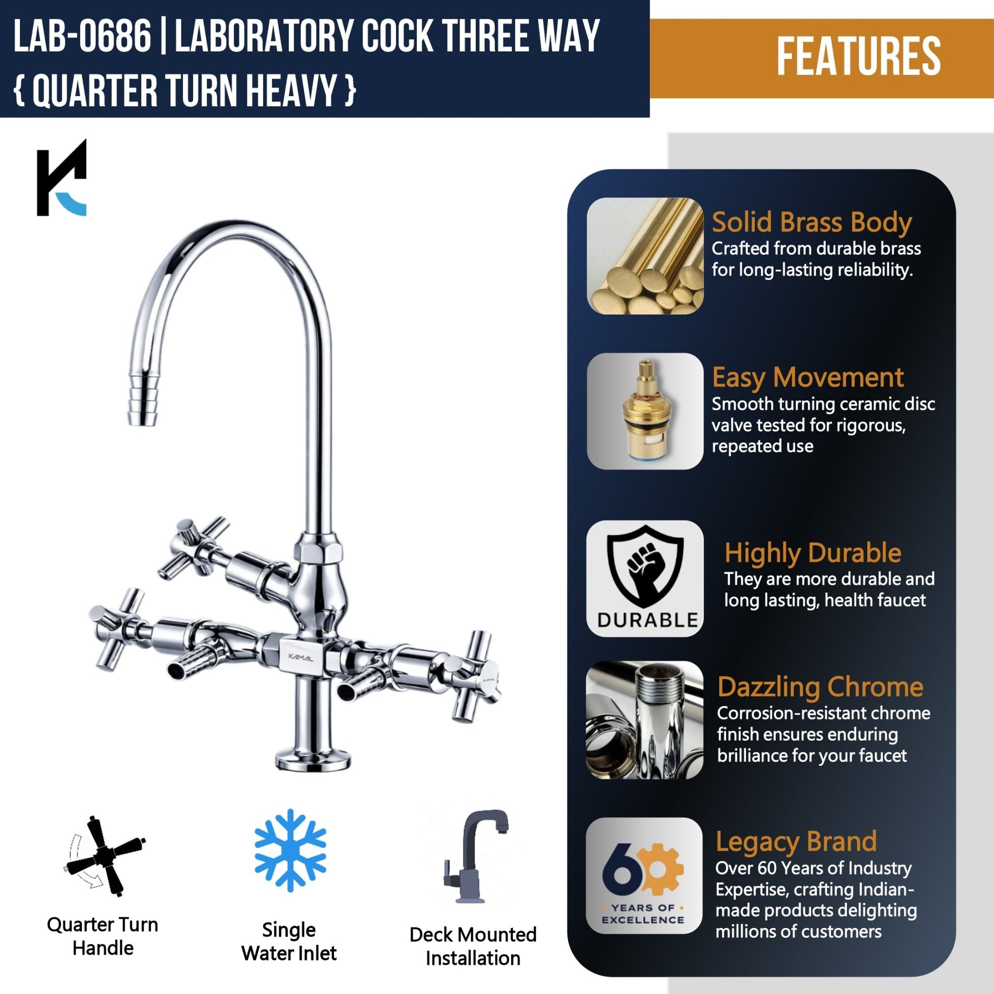 Three Way Laboratory Tap (Full Brass) - by Kamal - Faucets - Kamal Bathware