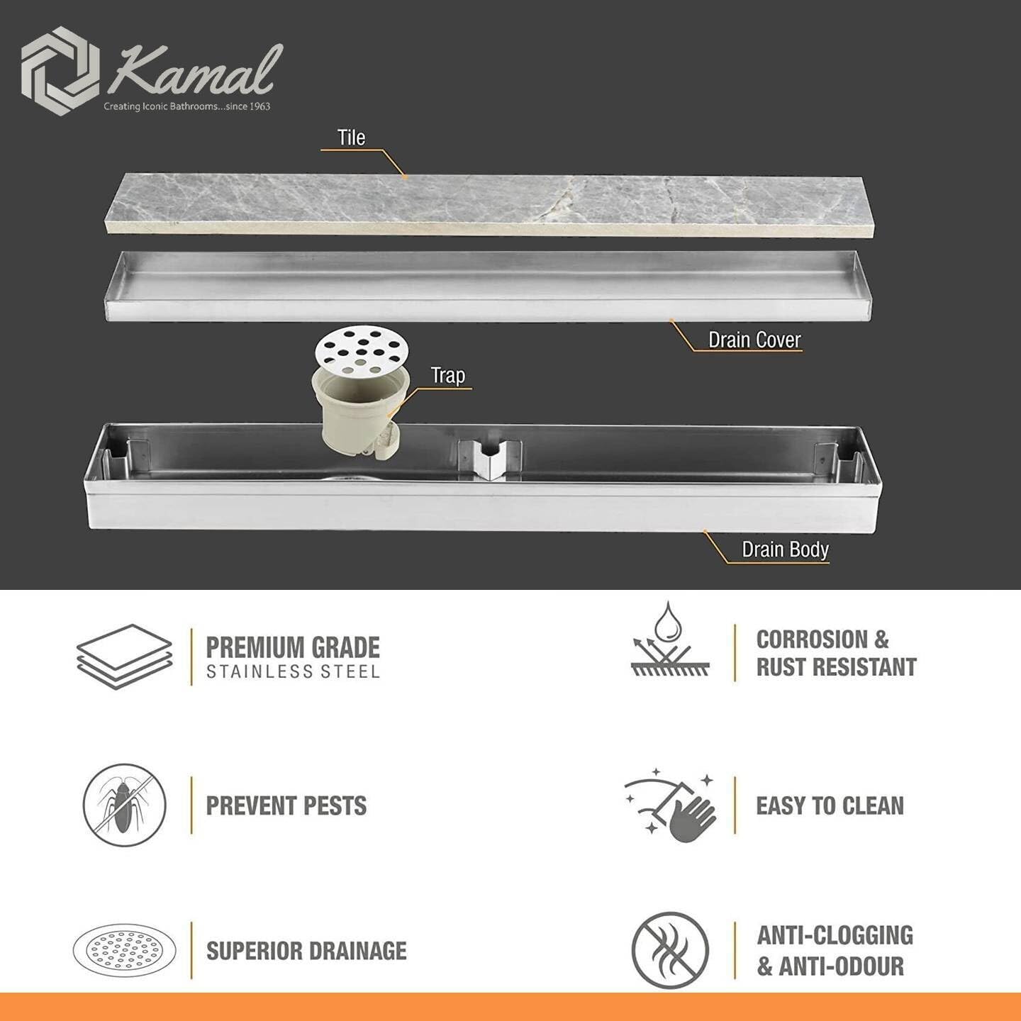 Tile Insert Channel Drainer (SS 304 Grade) - Side Hole Shower Water Drain Channel - by Kamal - Drainer - Kamal Bathware