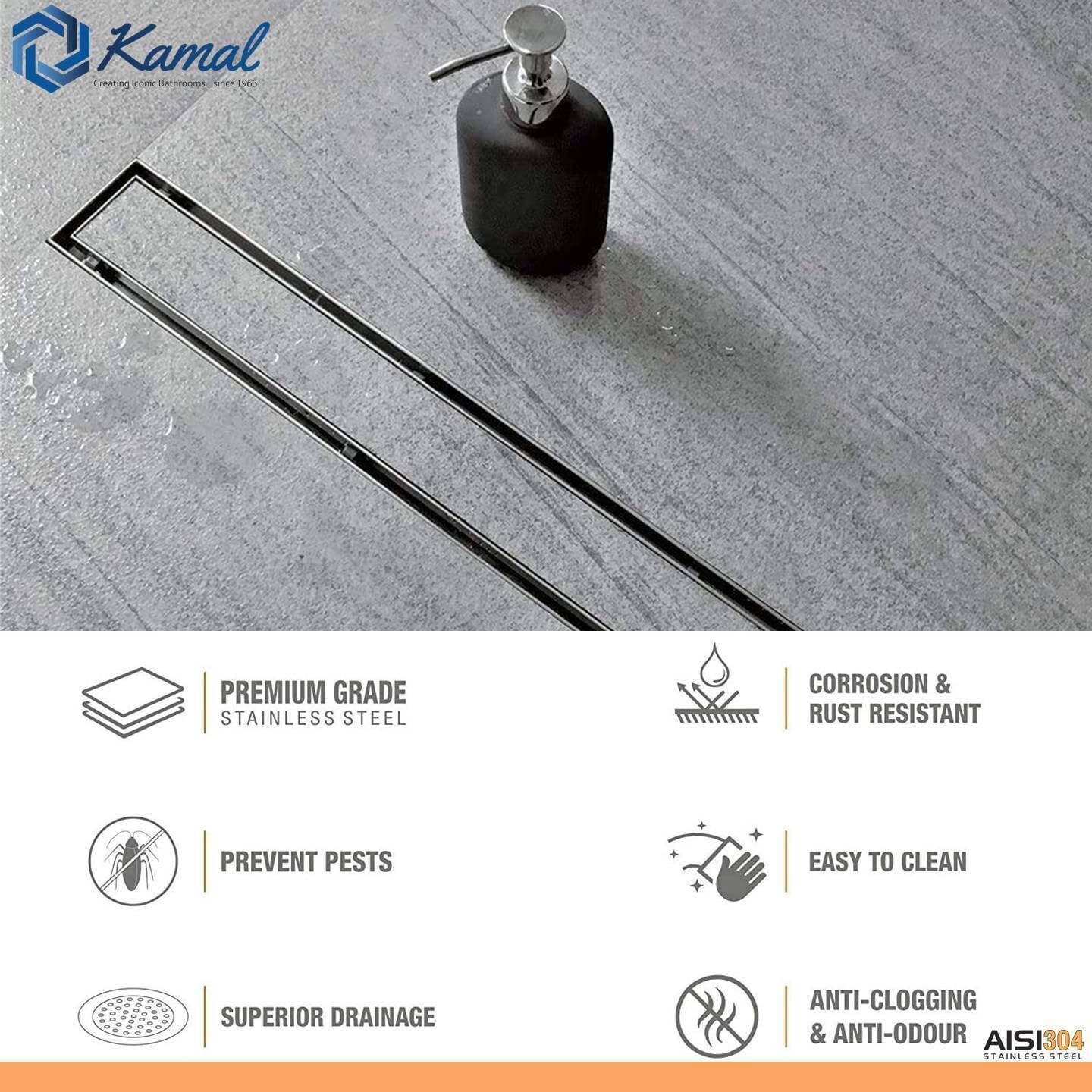 Tile Insert Channel Drainer (SS 304 Grade) - Side Hole Shower Water Drain Channel - by Kamal - Drainer - Kamal Bathware