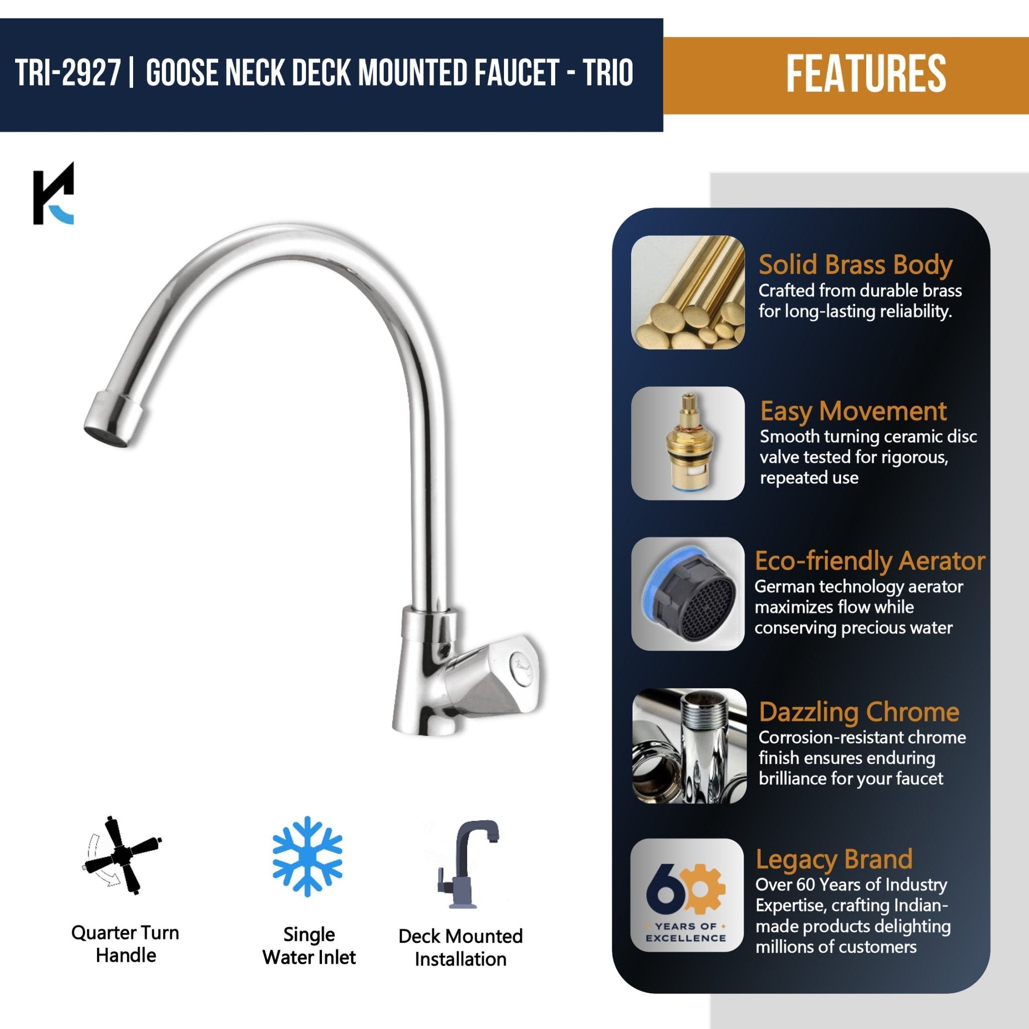 Trio C - Bend Spout Gosseneck Sink Faucet (Full Brass) - by Kamal - Trio - Kamal Bathware