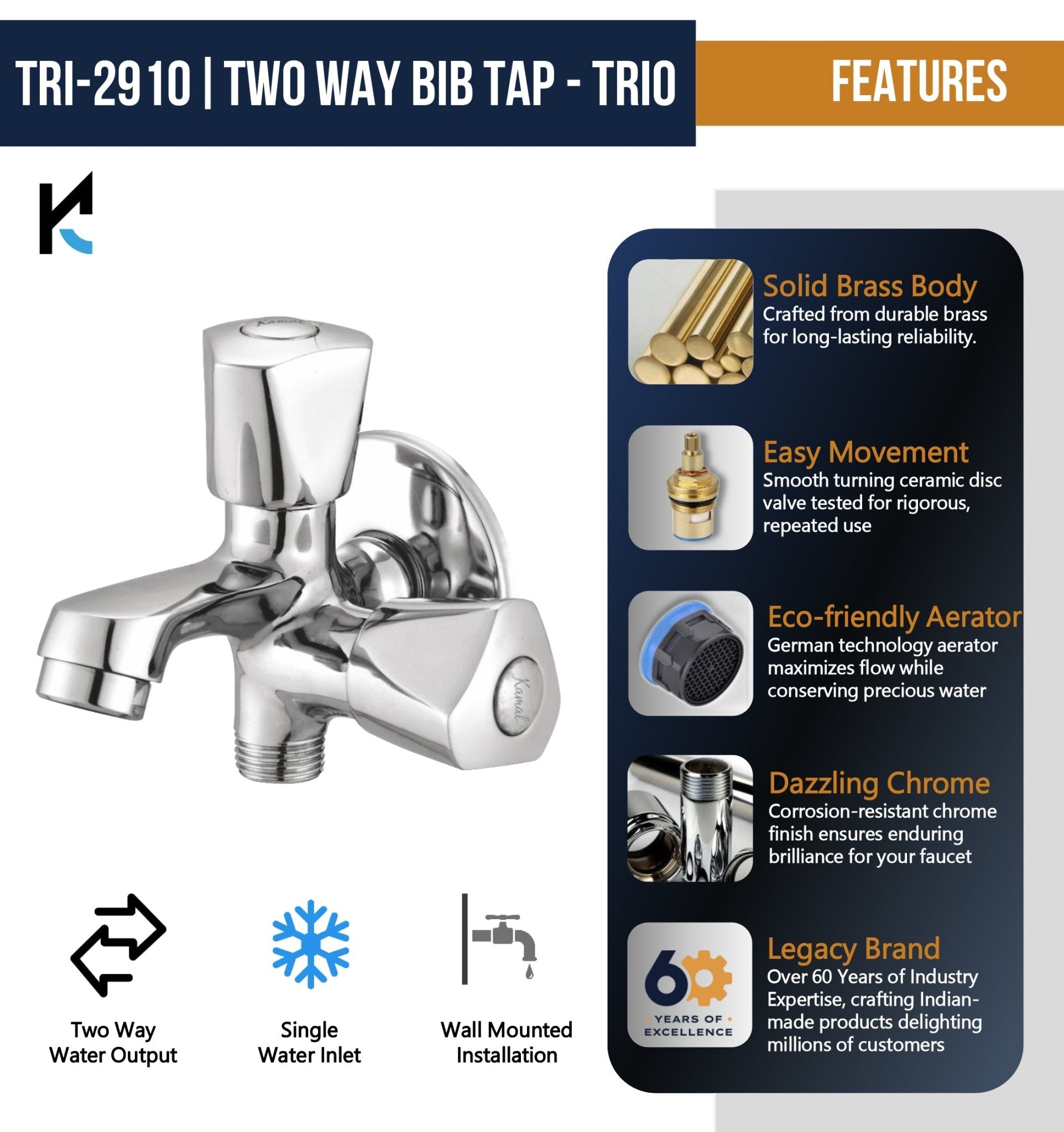Trio Two in One Bib Tap (Full Brass) - by Kamal - Trio - Kamal Bathware
