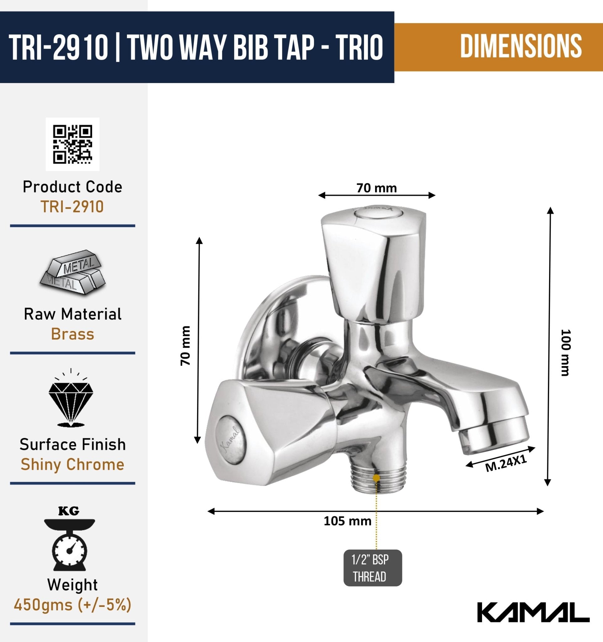 Trio Two in One Bib Tap (Full Brass) - by Kamal - Trio - Kamal Bathware