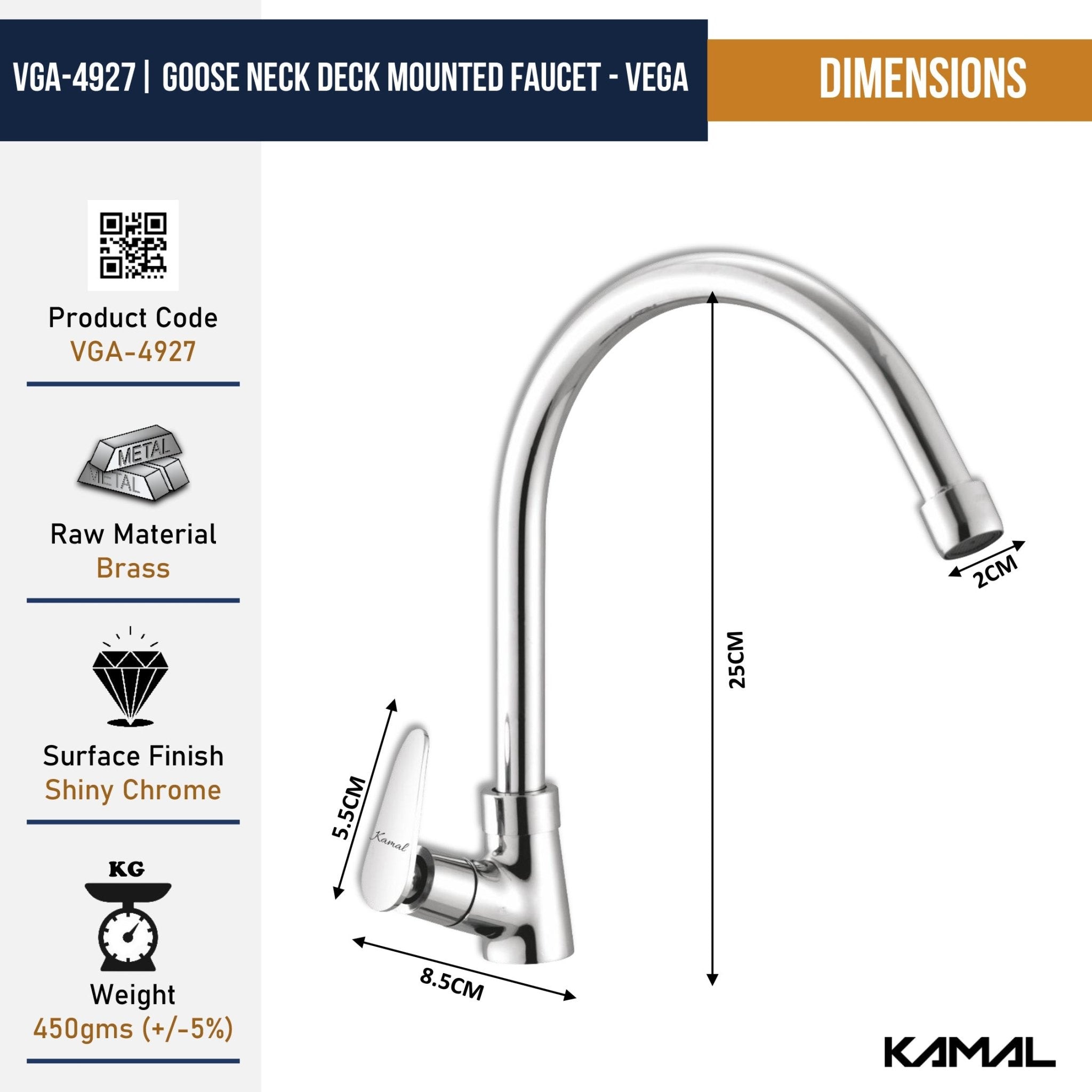 Vega C - Bend Spout Gosseneck Sink Faucet (Full Brass) - by Kamal - Vega - Kamal Bathware