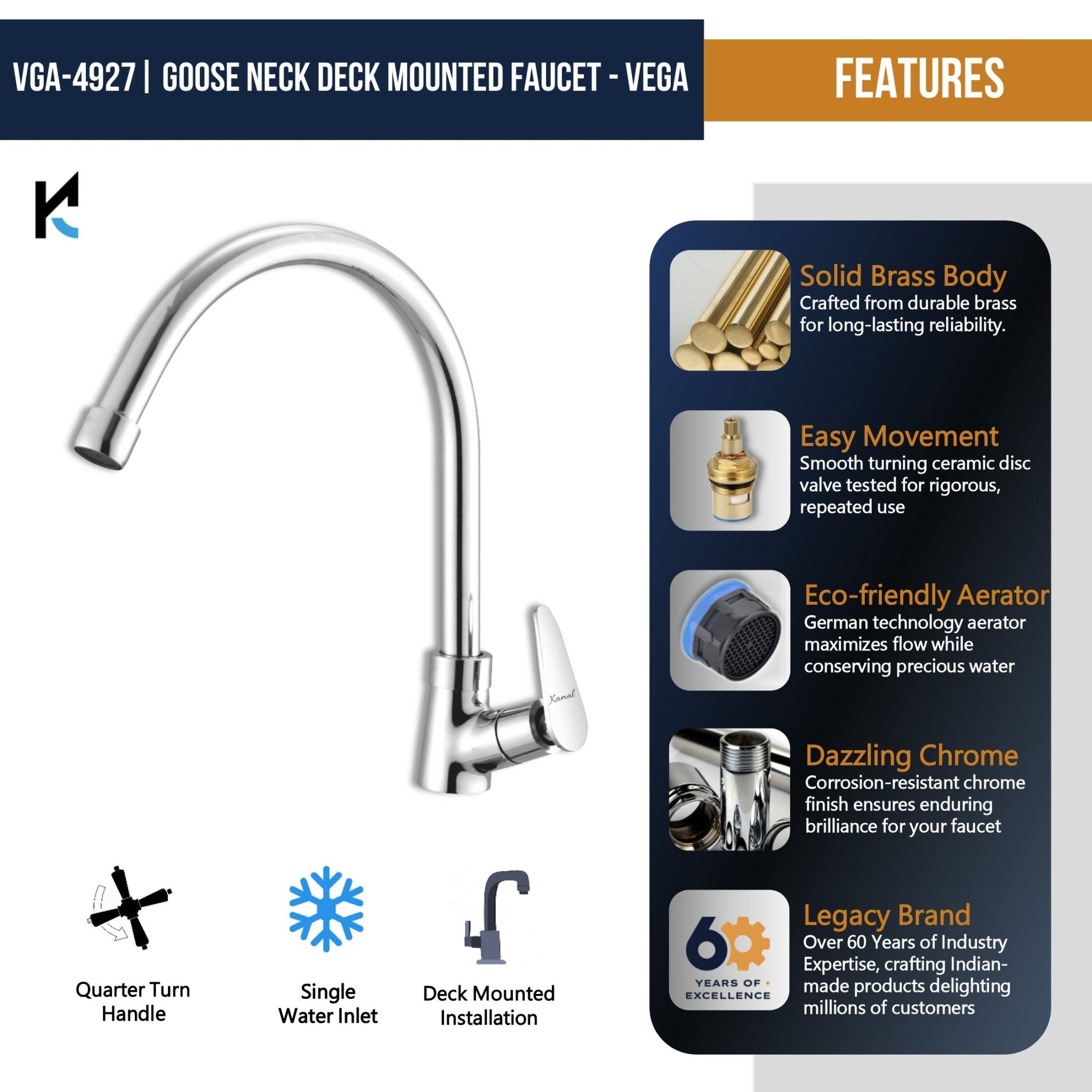 Vega C - Bend Spout Gosseneck Sink Faucet (Full Brass) - by Kamal - Vega - Kamal Bathware