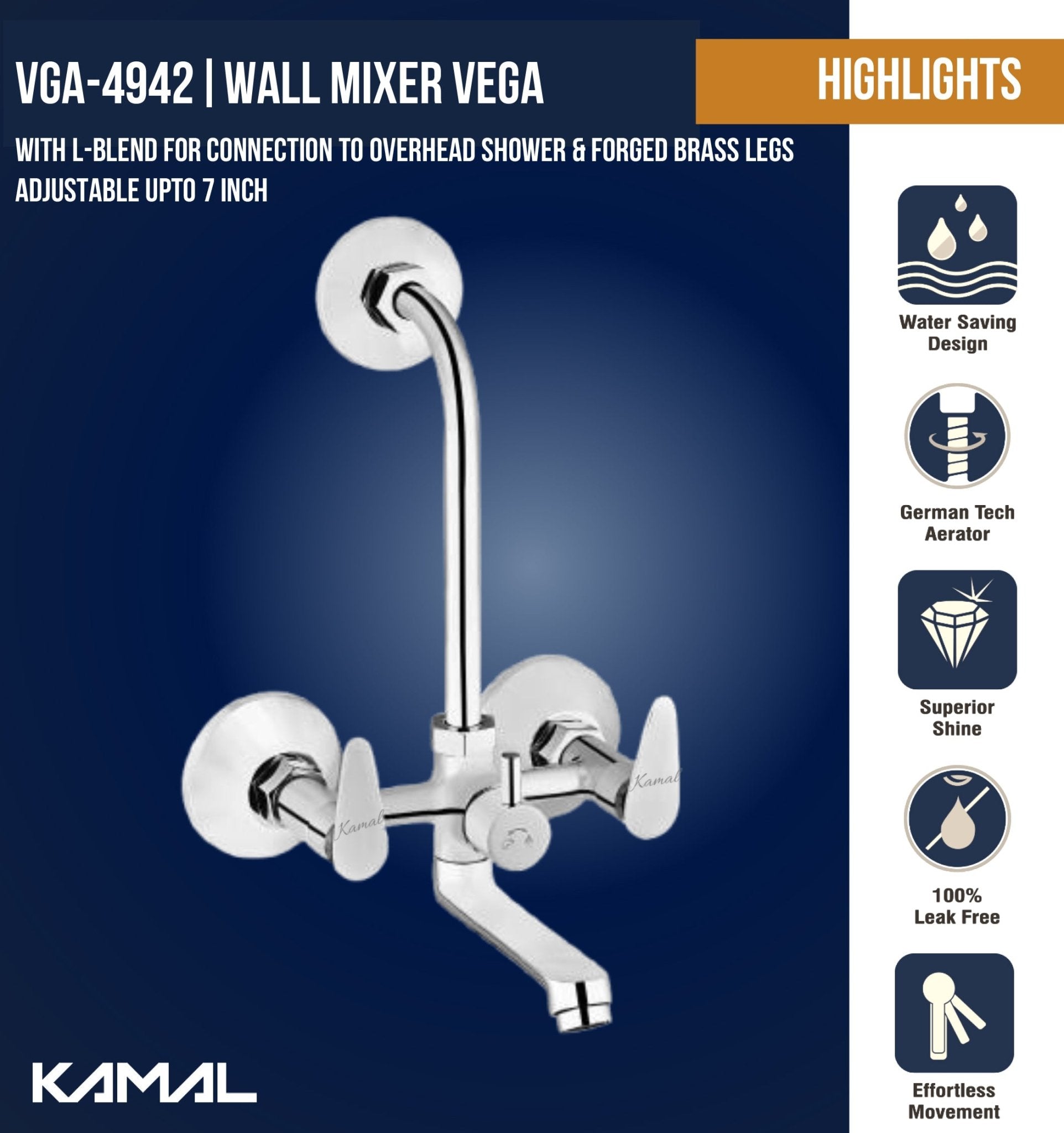 Vega Wall Mixer with L Bend Pipe (Full Brass) - by Kamal - Kamal Bathware