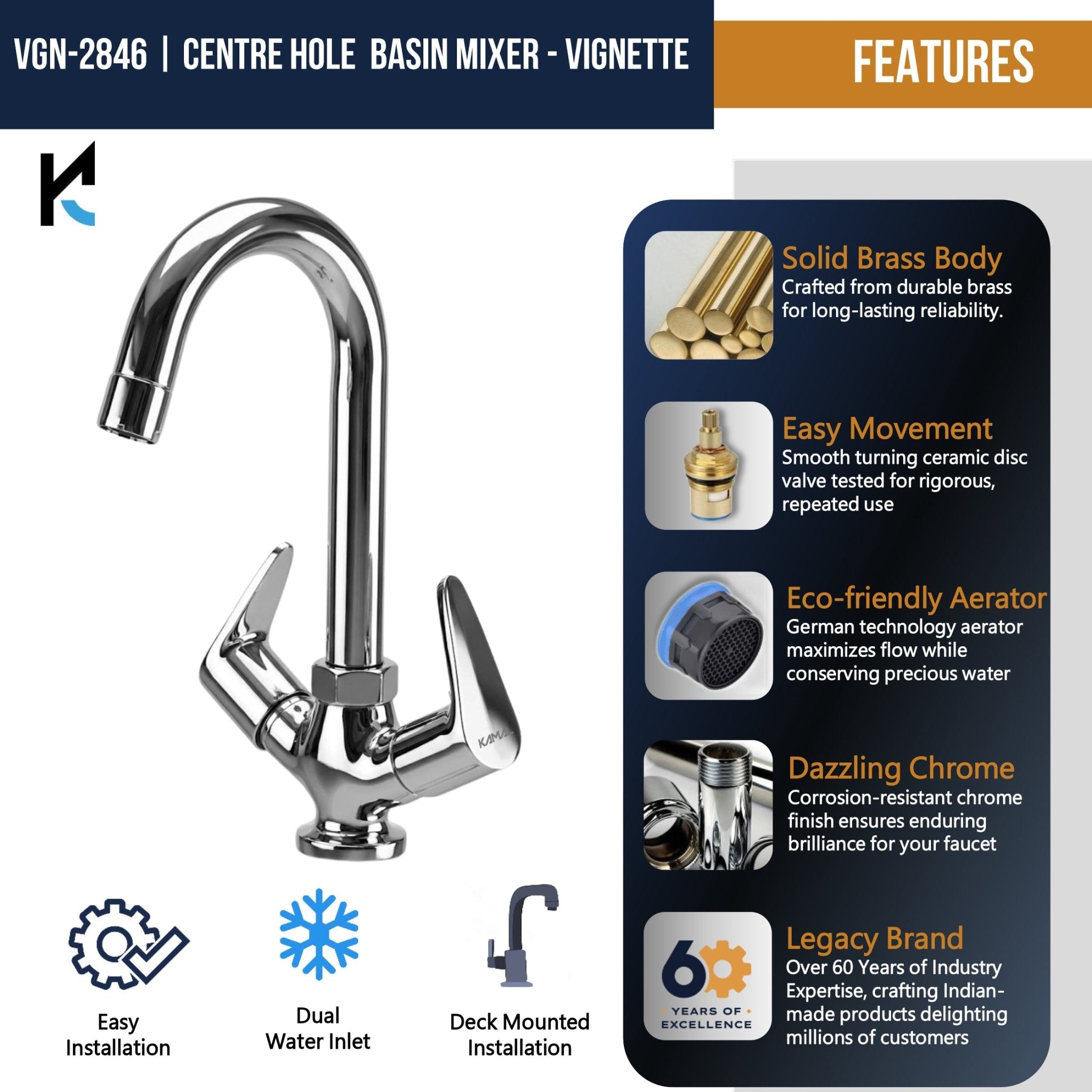 Vignette Centre Hole Basin Mixer (Full Brass) - by Kamal - Vignette - Kamal Bathware