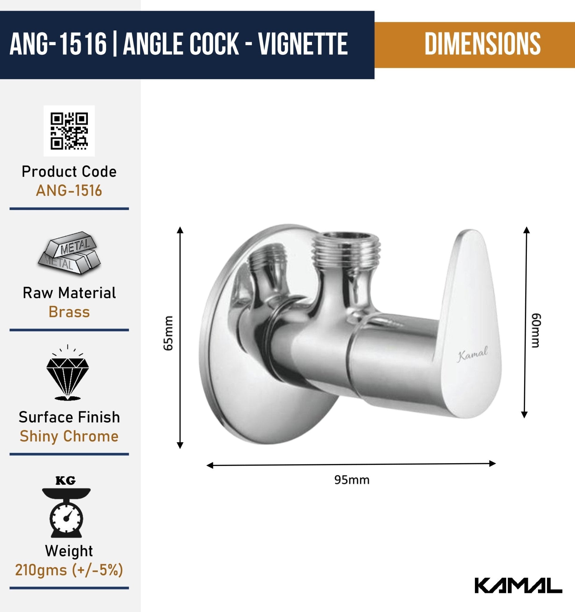 Vignette Full Brass Angle Cock Tap (Full Brass) - by Kamal - Kamal Bathware