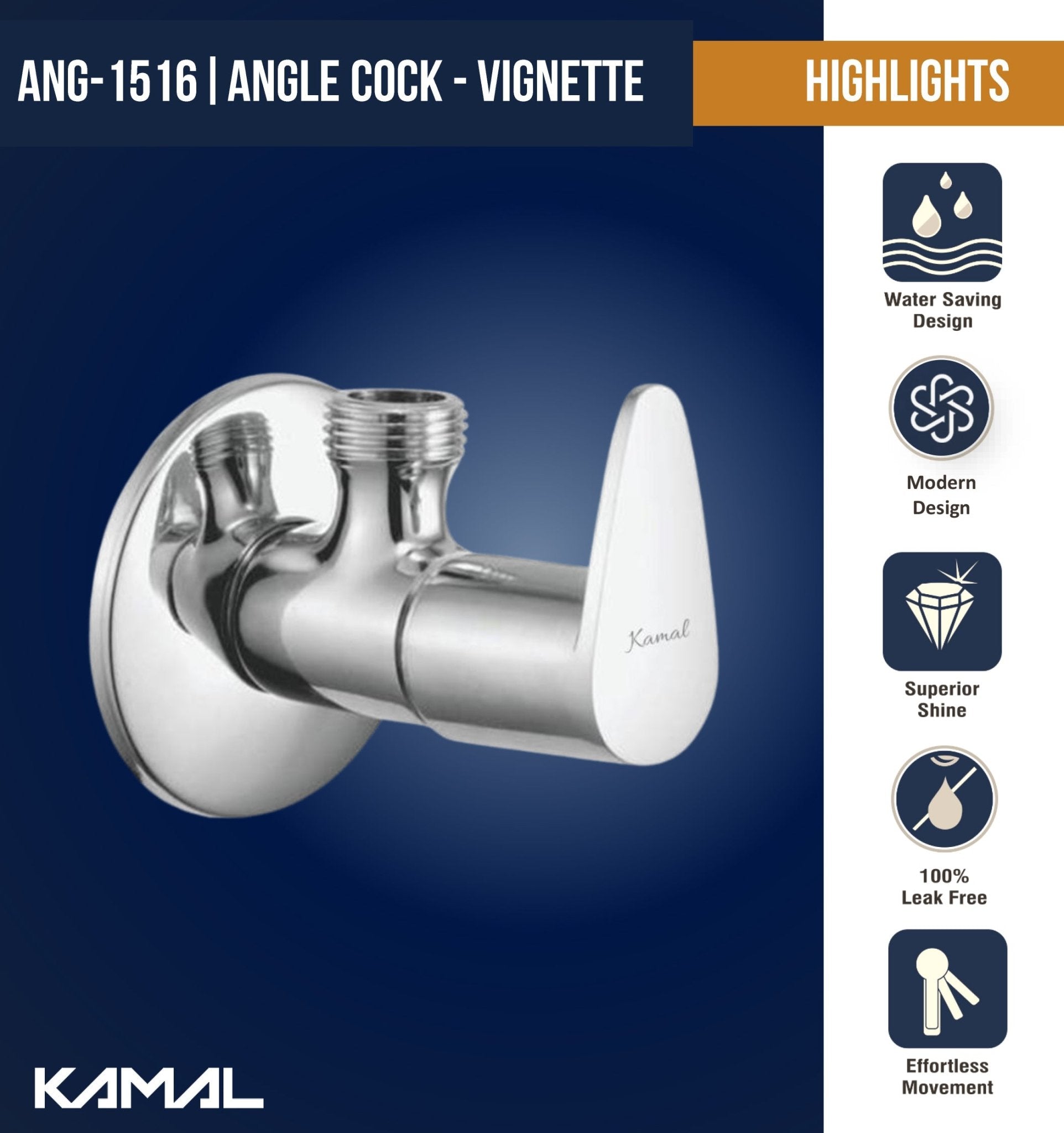 Vignette Full Brass Angle Cock Tap (Full Brass) - by Kamal - Kamal Bathware