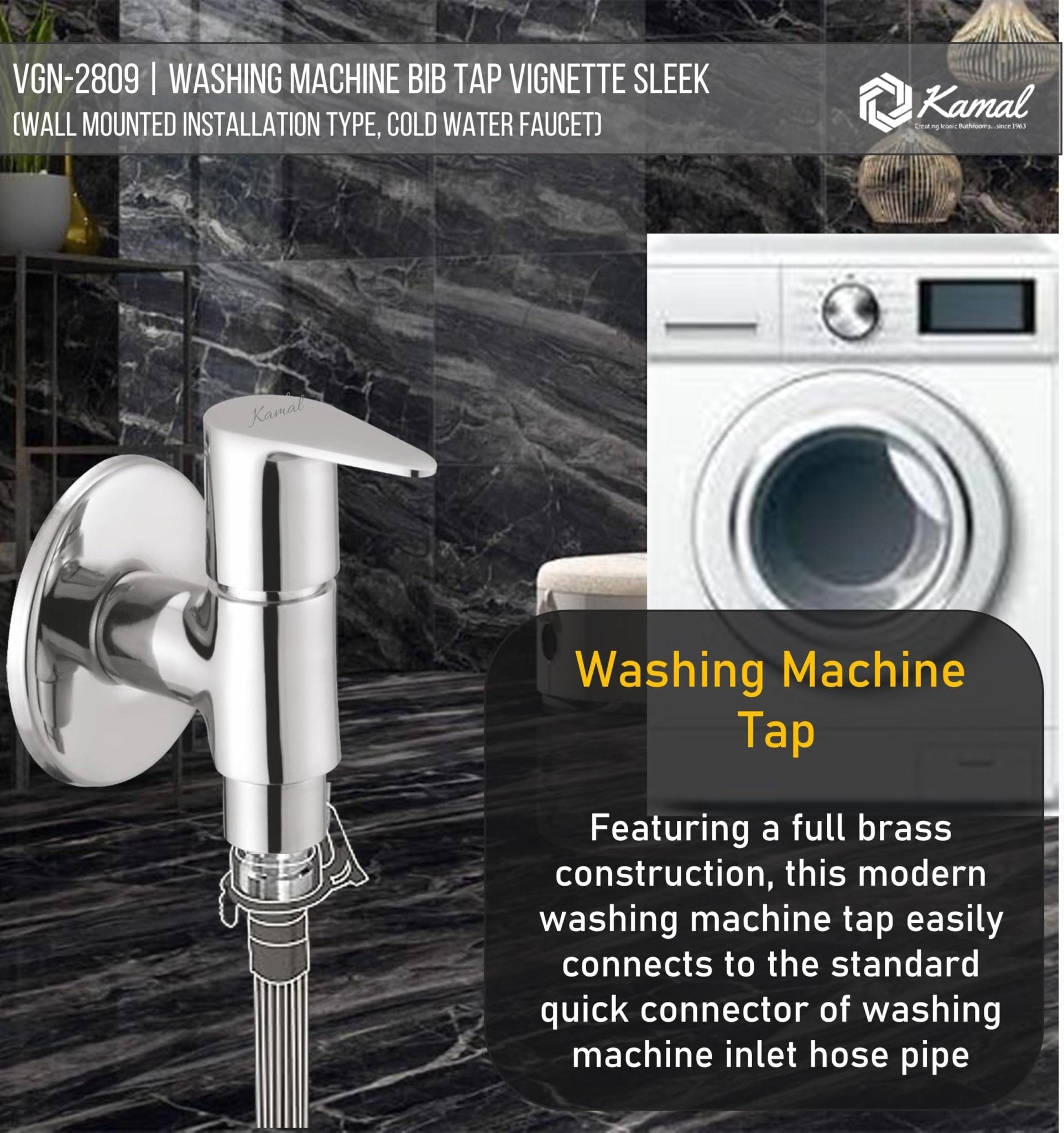 Vignette Sleek Washing Machine Bib Tap (Full Brass) - by Kamal - Vignette - Kamal Bathware
