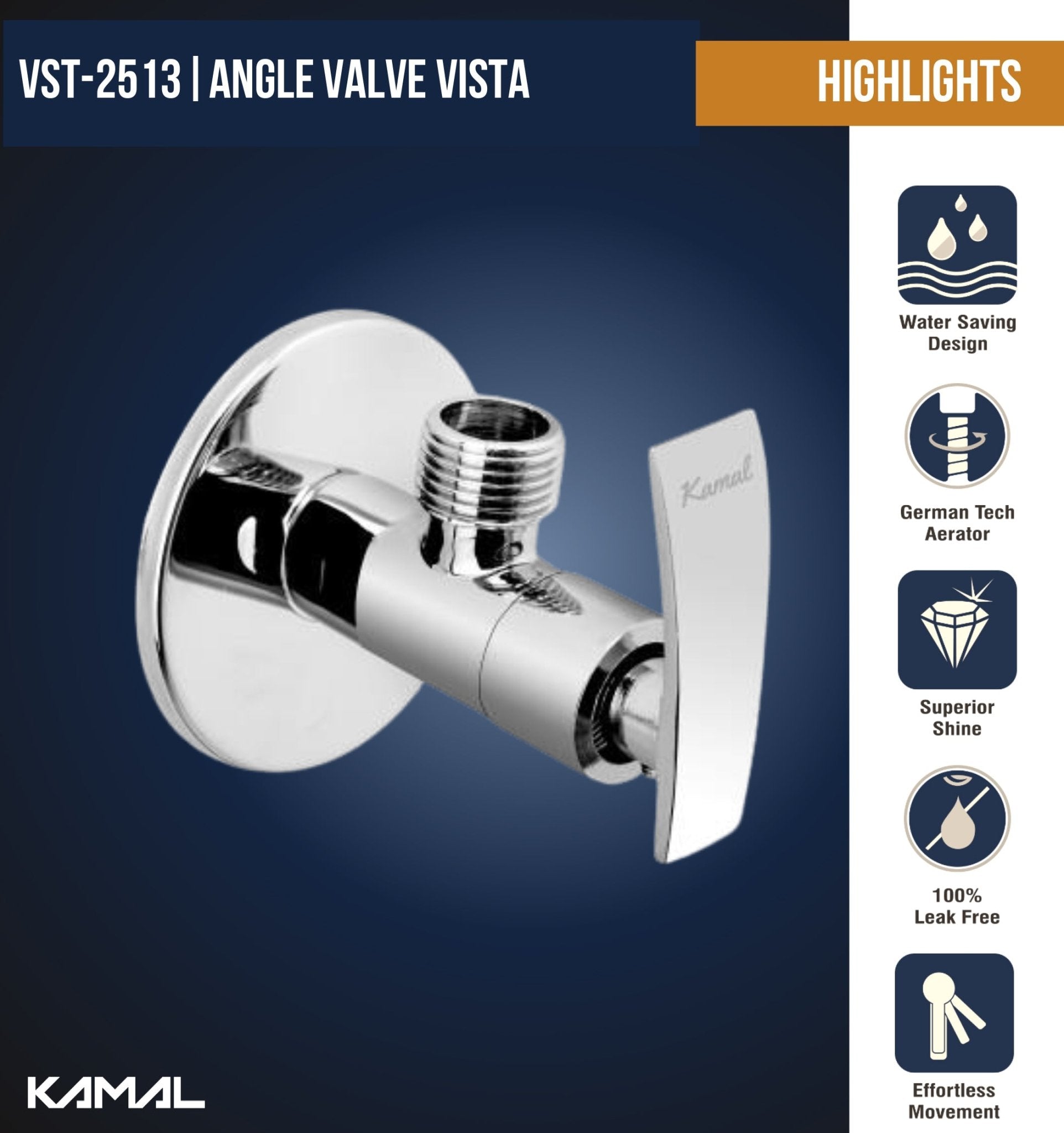 Vista Angle Valve with Wall Flange (Full Brass) - by Kamal - Kamal Bathware