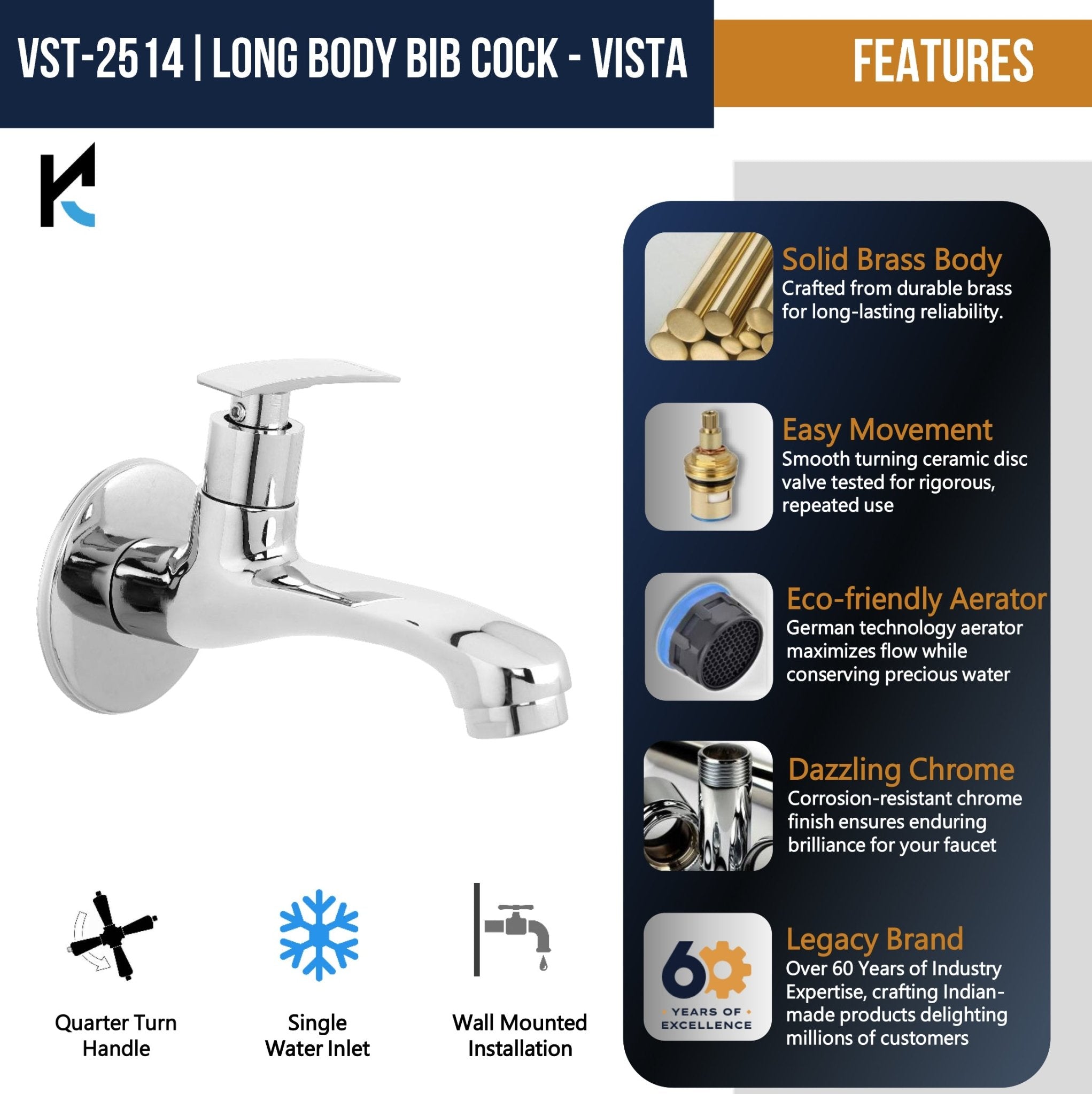 Vista | Bathroom Long Body Bib Tap (Full Brass) - by Kamal - Vista - Kamal Bathware