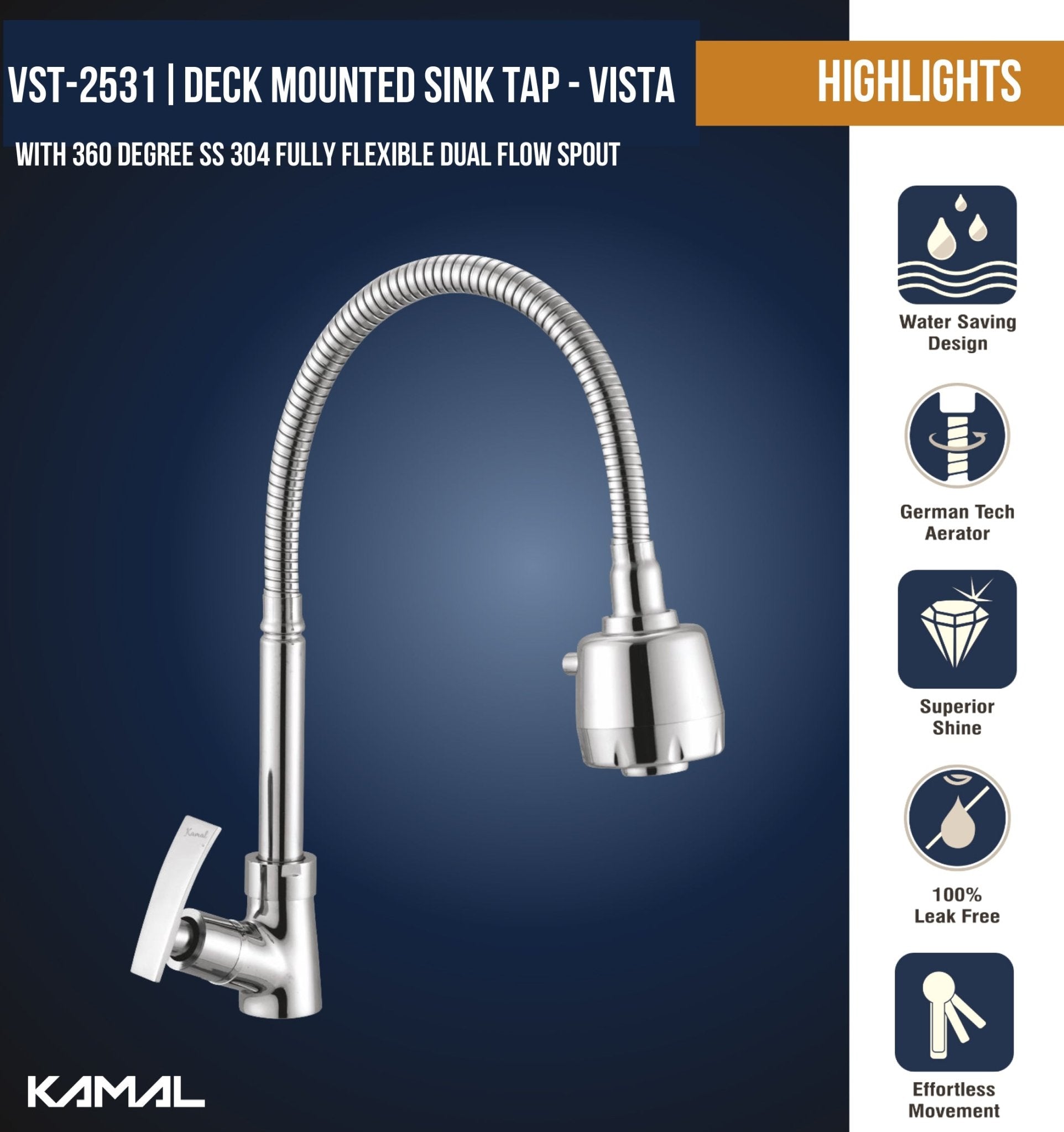 Vista Dual Flow Table Mounted 360° Sink Tap - by Kamal - Vista - Kamal Bathware