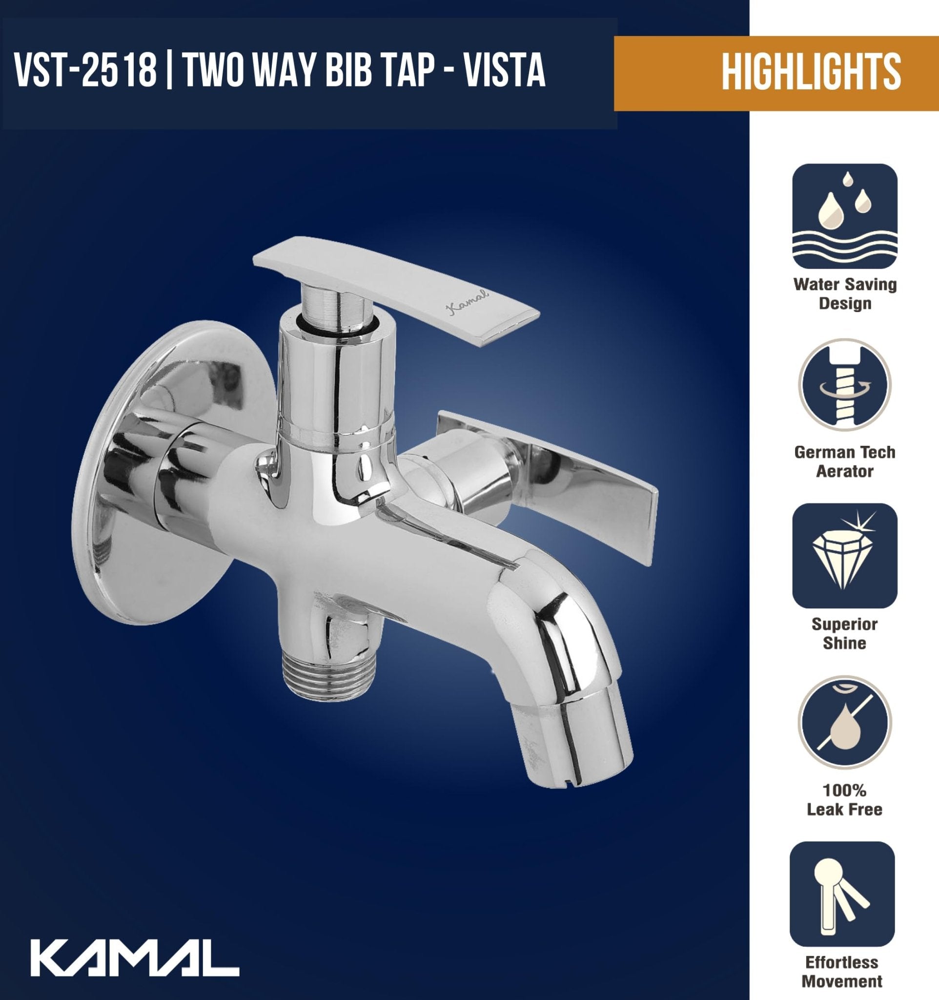 Vista Full Brass Two in one Bib Tap (Full Brass) - by Kamal - Kamal Bathware