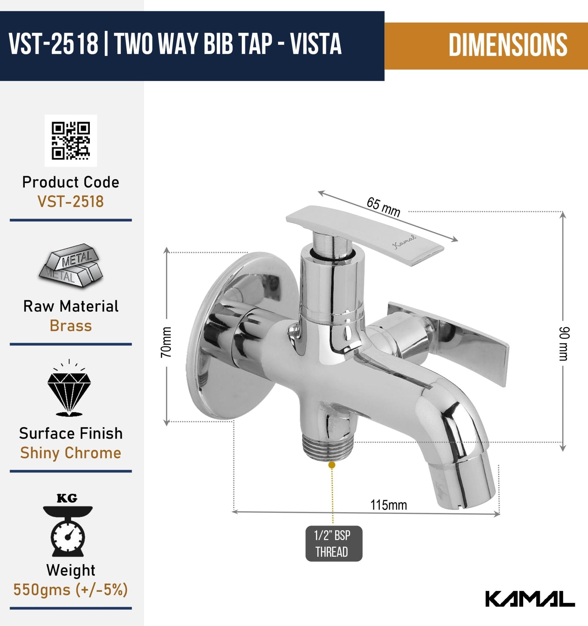 Vista Full Brass Two in one Bib Tap (Full Brass) - by Kamal - Kamal Bathware