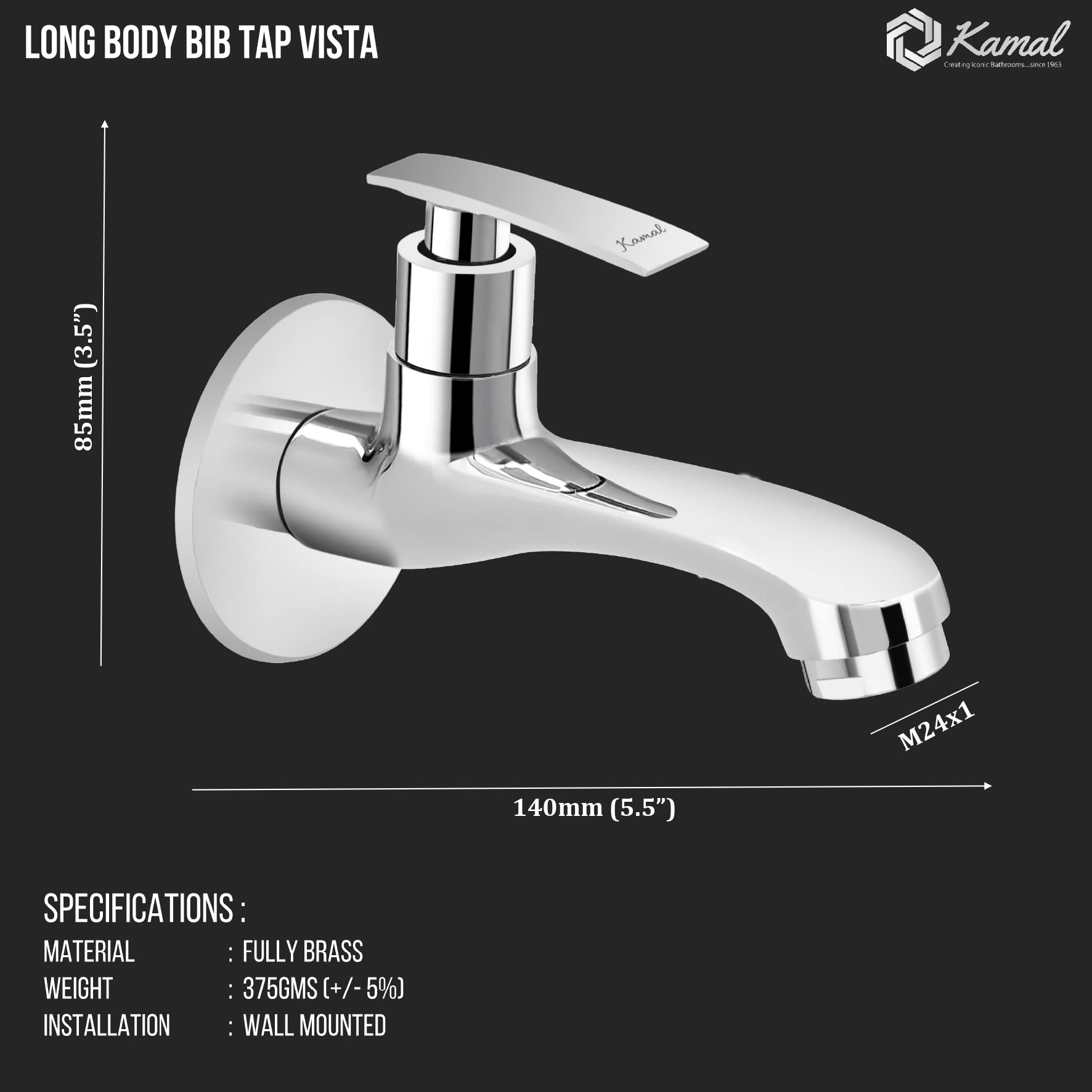 Vista Long Body Bib Tap (Full Brass) - by Kamal - Kamal Bathware