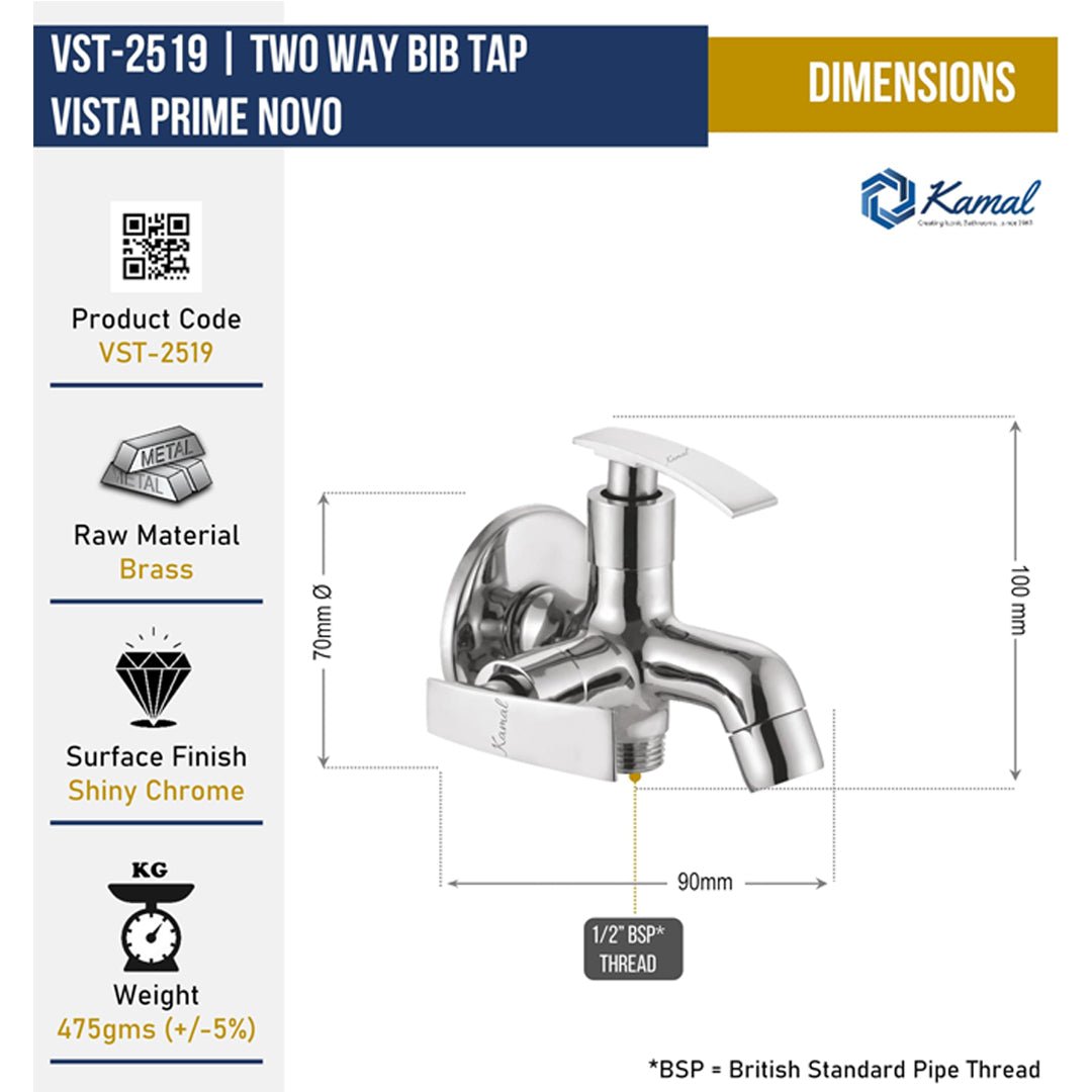 Vista Prime Novo Two Way Bib Tap (Full Brass) - by Kamal - Vista Prime Novo - Kamal Bathware