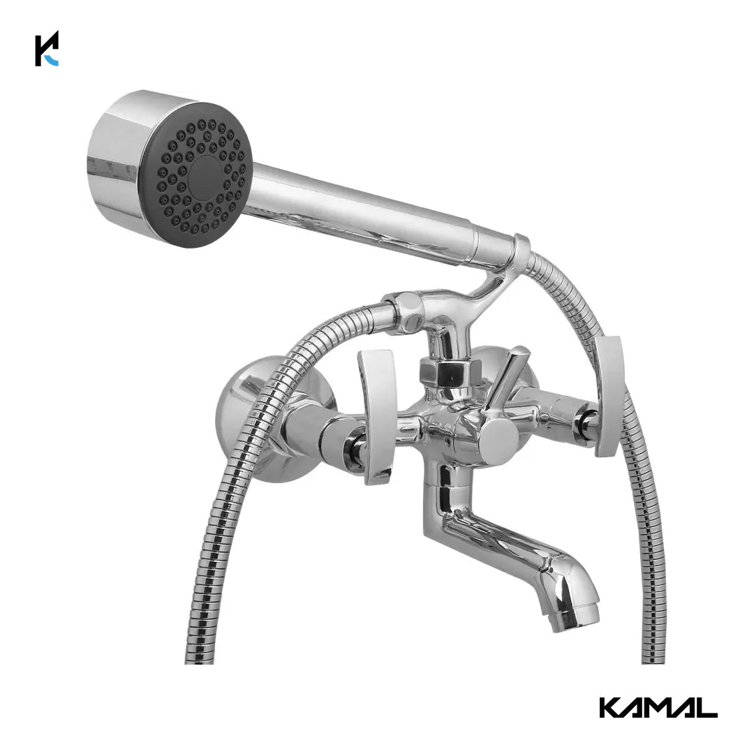 Vista Telephonic Wall Mixer with Crutch & Hand Shower (Full Brass) - by Kamal - Vista - Kamal Bathware