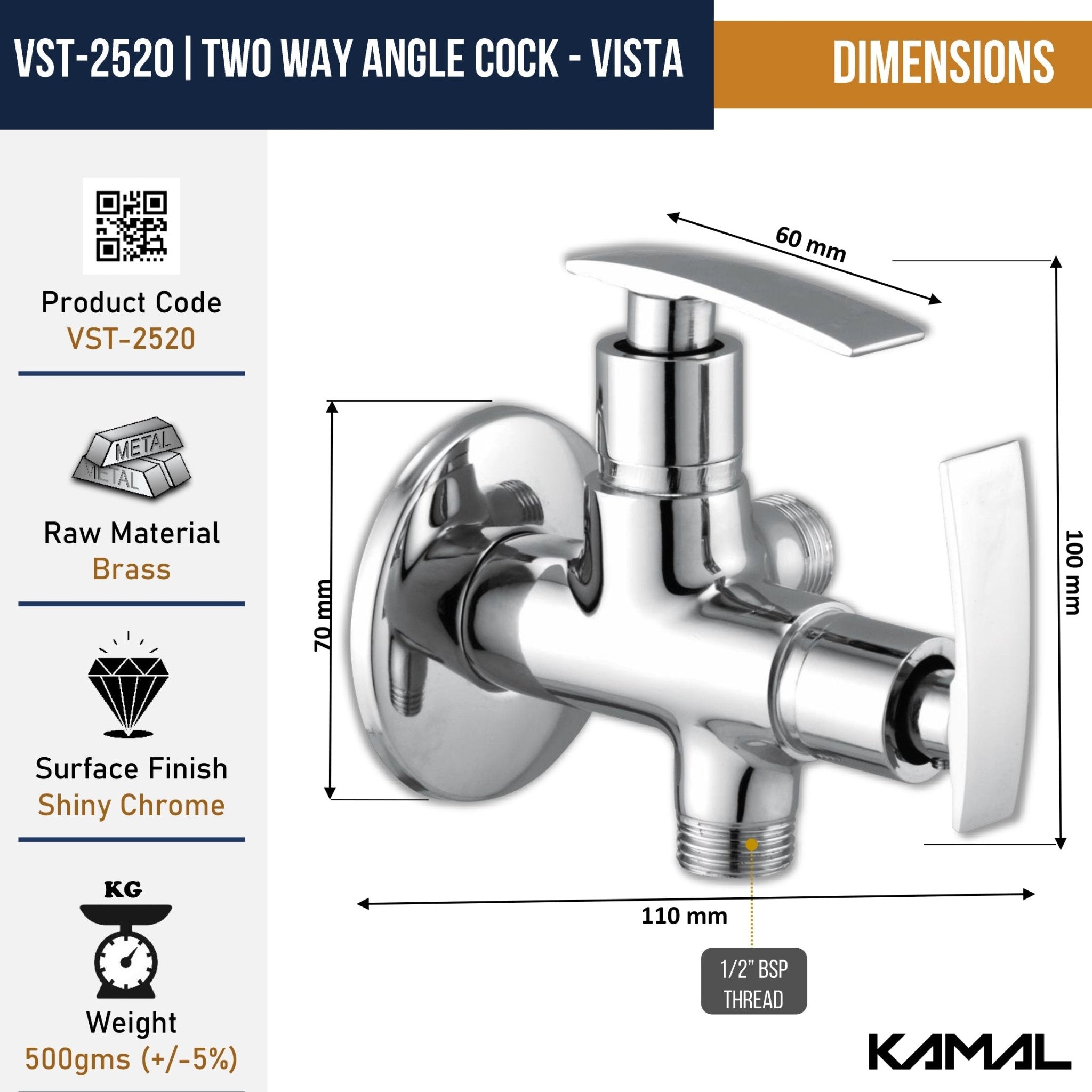 Vista Two in One Angle Valve (Full Brass) - by Kamal - Vista - Kamal Bathware