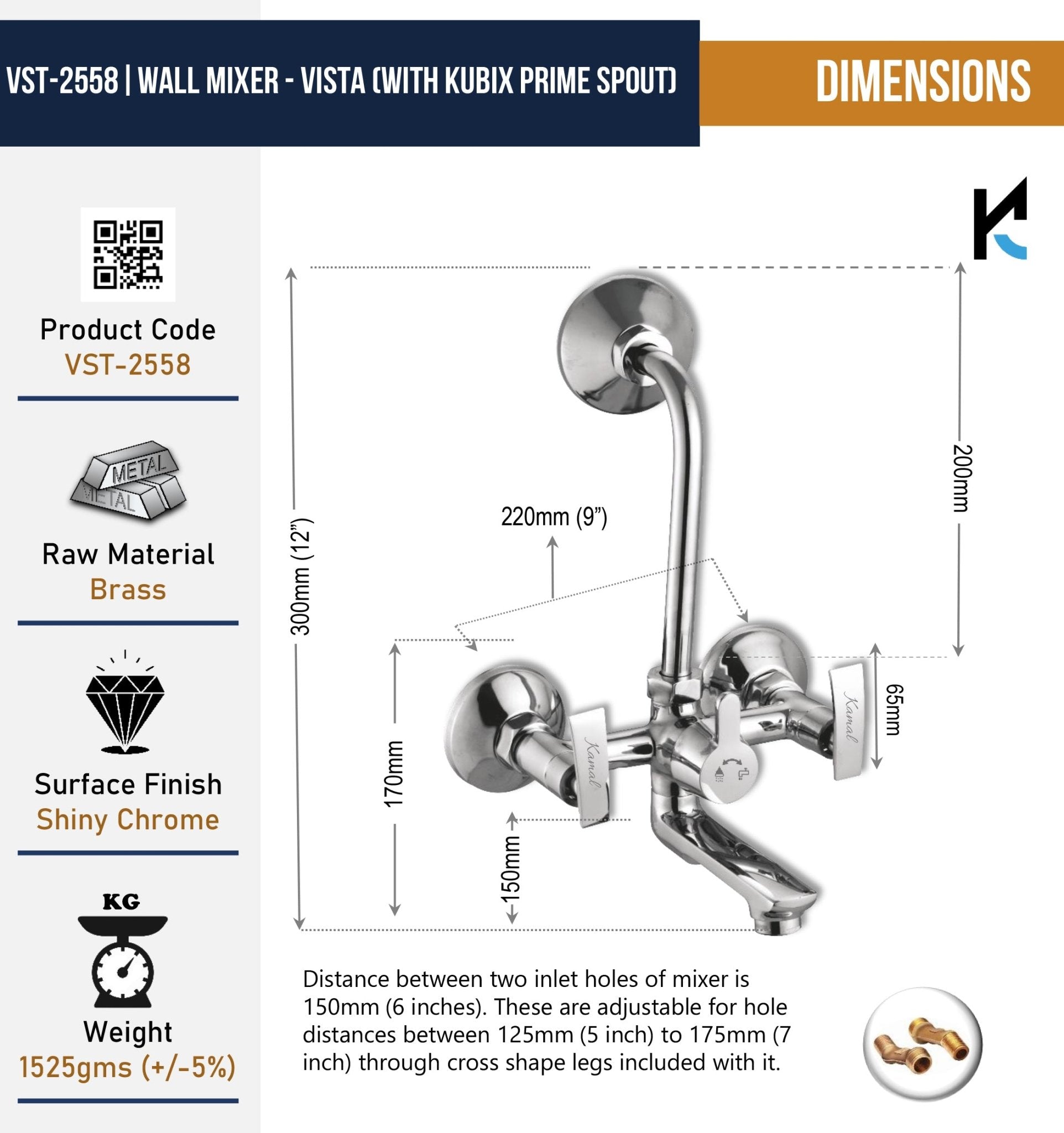 Vista Wall Mixer Kubix Prime Spout with L Bend Pipe (Full Brass) - by Kamal - Vista - Kamal Bathware