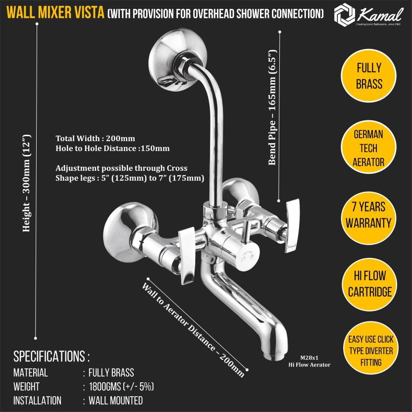 Vista Wall Mixer with L Bend Pipe (Full Brass) - by Kamal - Vista - Kamal Bathware