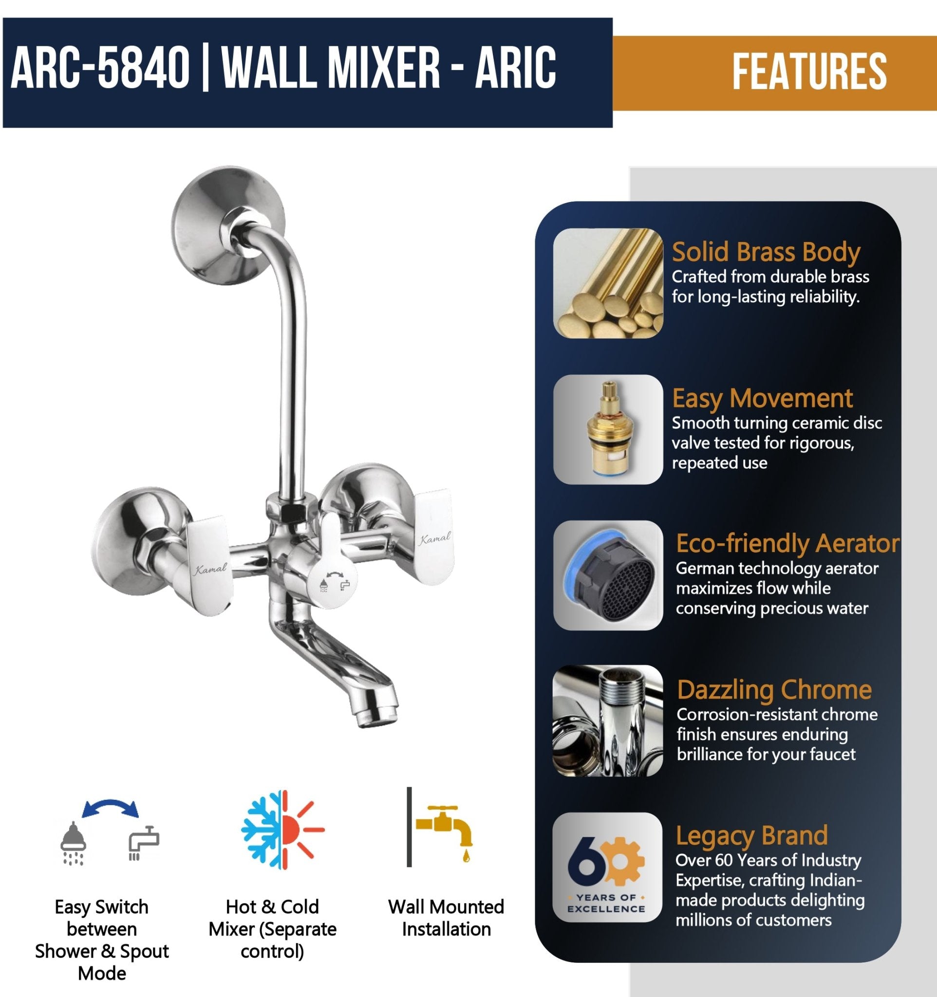 Wall Mixer - Arch Eco with L Bend Pipe Full Brass - by Kamal - Arch - Kamal Bathware
