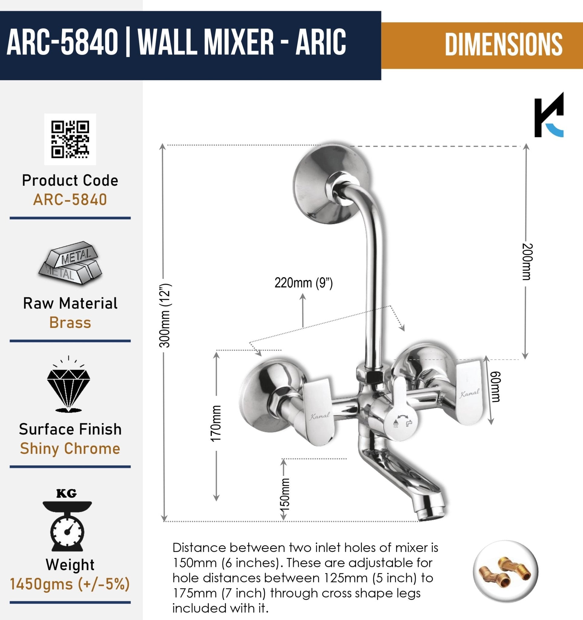 Wall Mixer - Arch Eco with L Bend Pipe Full Brass - by Kamal - Arch - Kamal Bathware