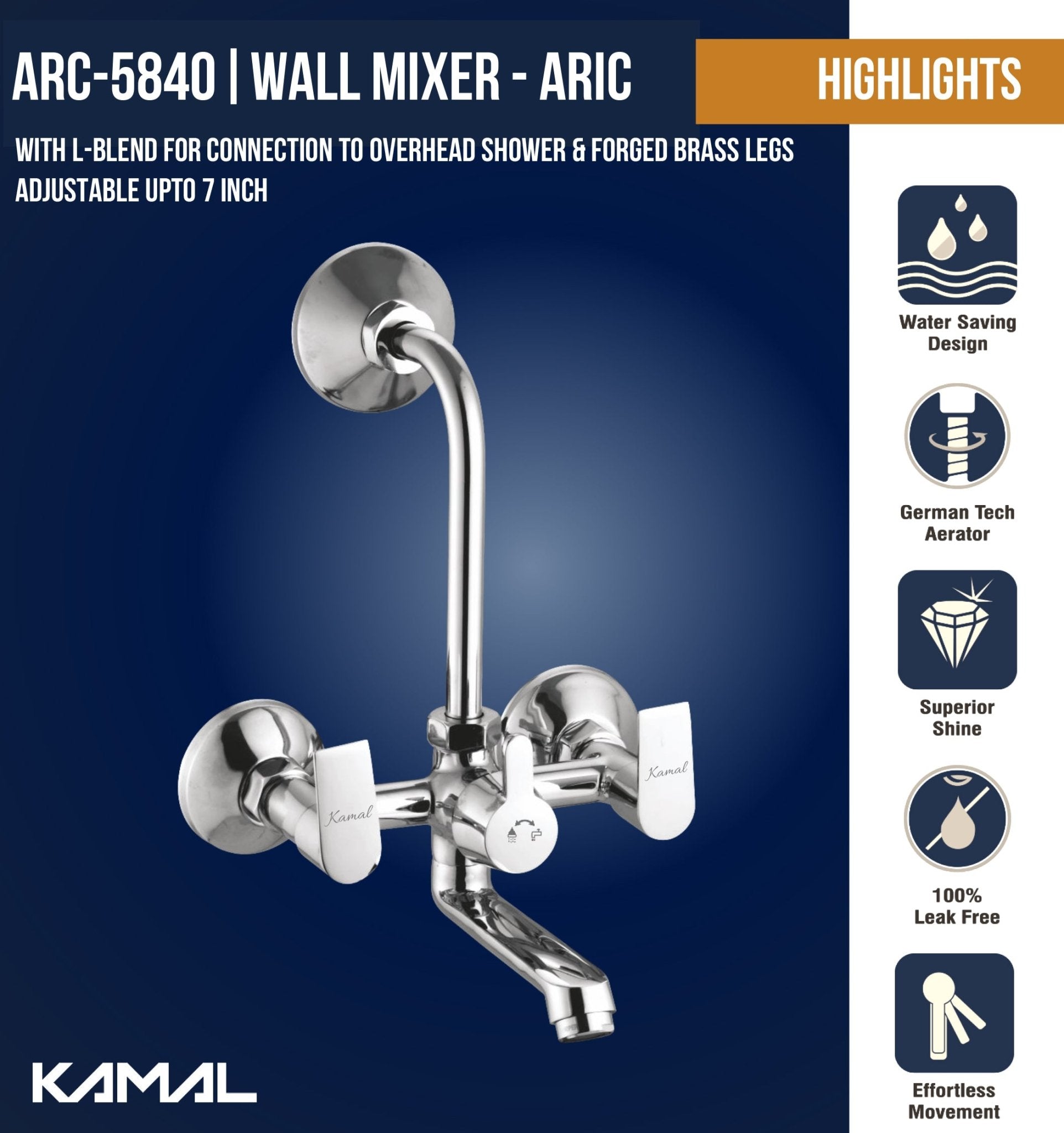 Wall Mixer - Arch Eco with L Bend Pipe Full Brass - by Kamal - Arch - Kamal Bathware