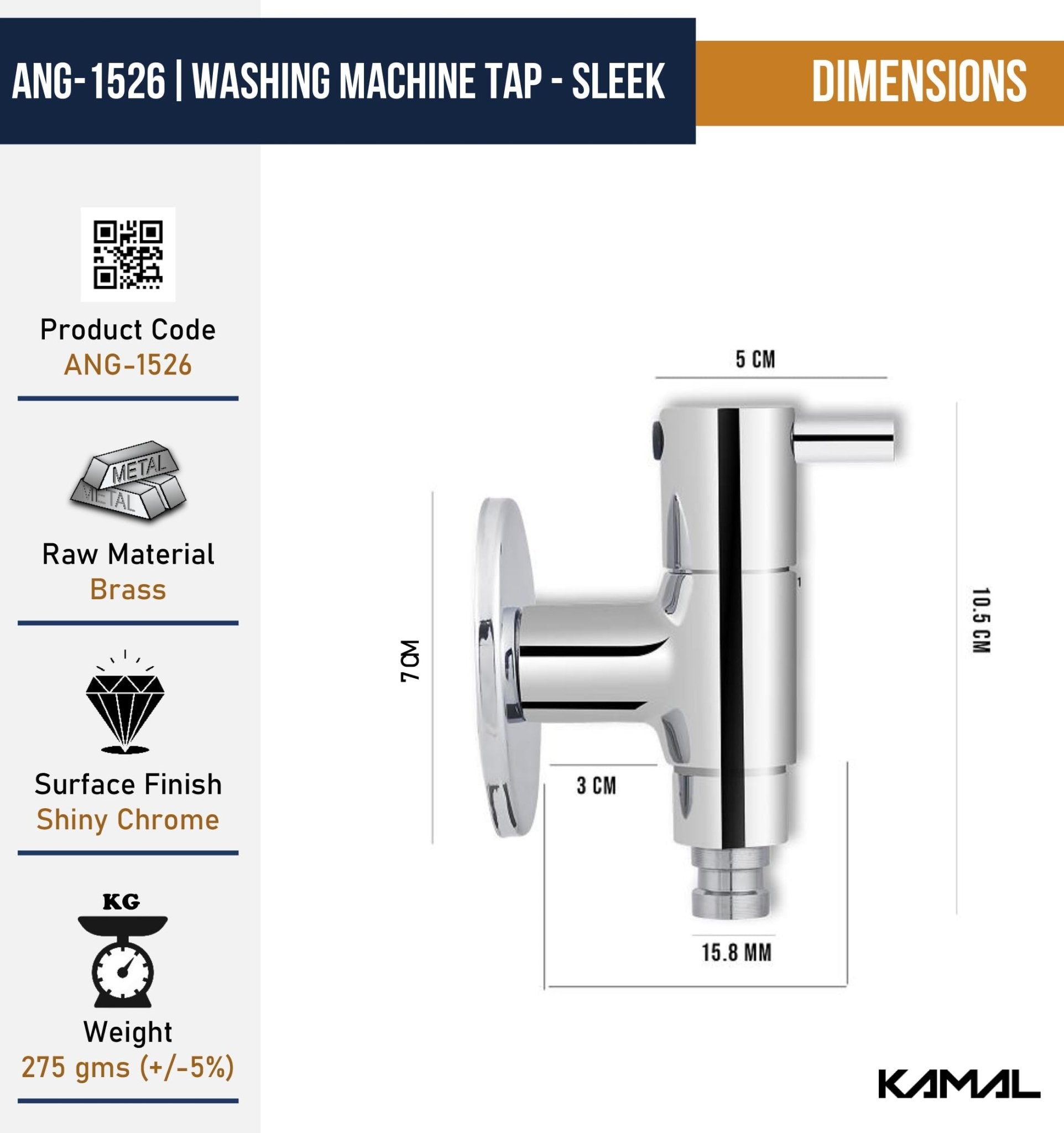Washing Machine Bib Tap Sleek (Full Brass) - by Kamal - Kamal Bathware