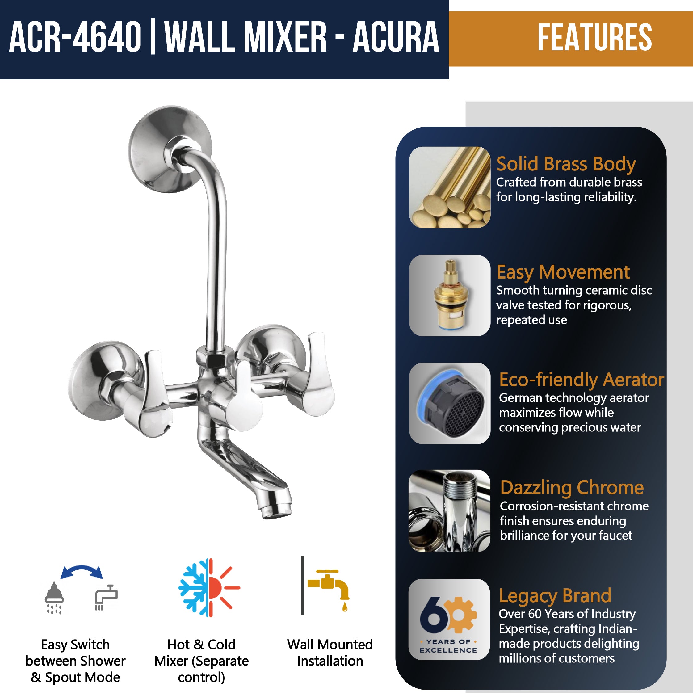 Acura Eco Wall Mixer with L Bend Pipe by Kamal, full brass bathroom faucet and pipe assembly for plumbing installations.