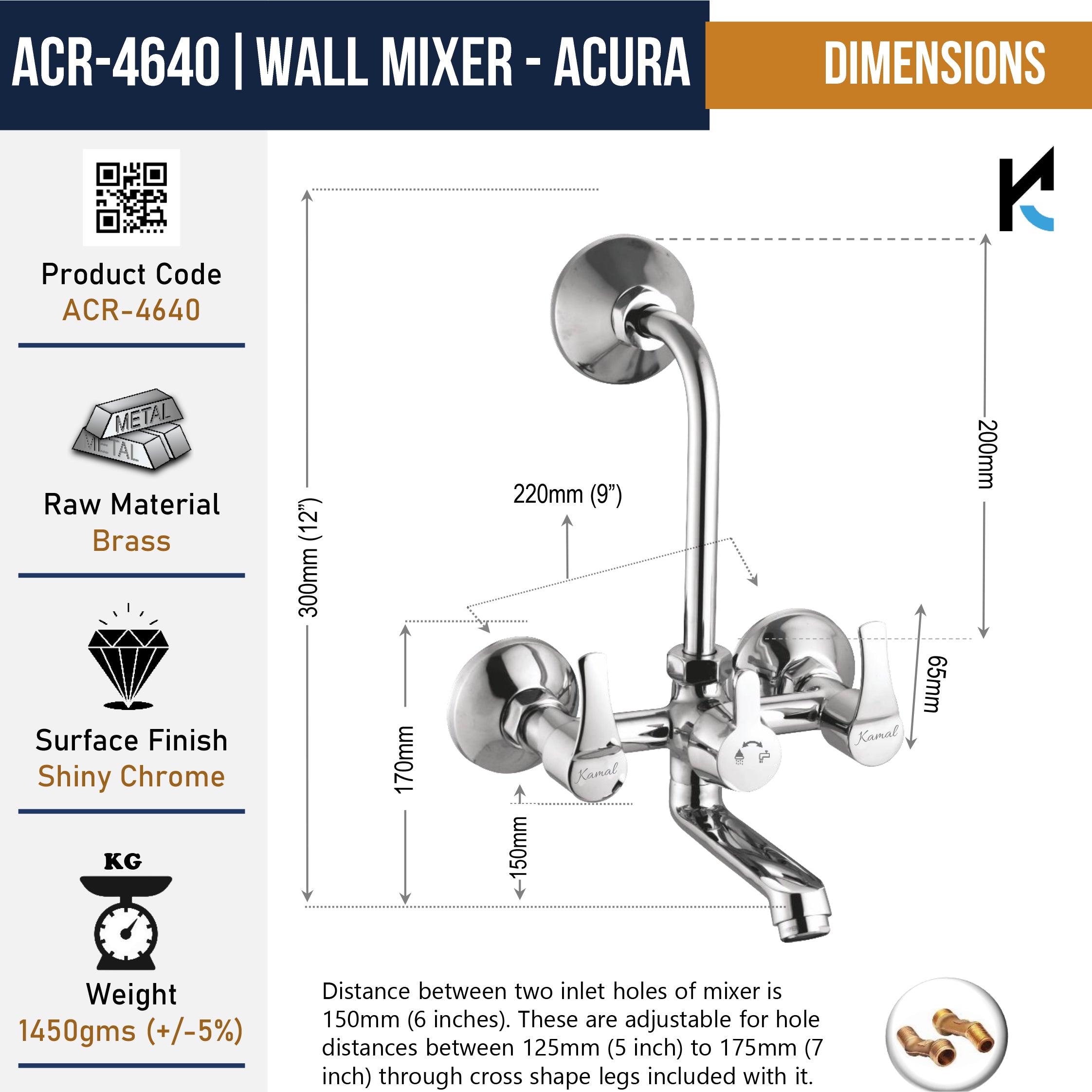 Acura Eco Wall Mixer with L Bend Pipe by Kamal, full brass faucet with sleek design and wall-mounted installation.