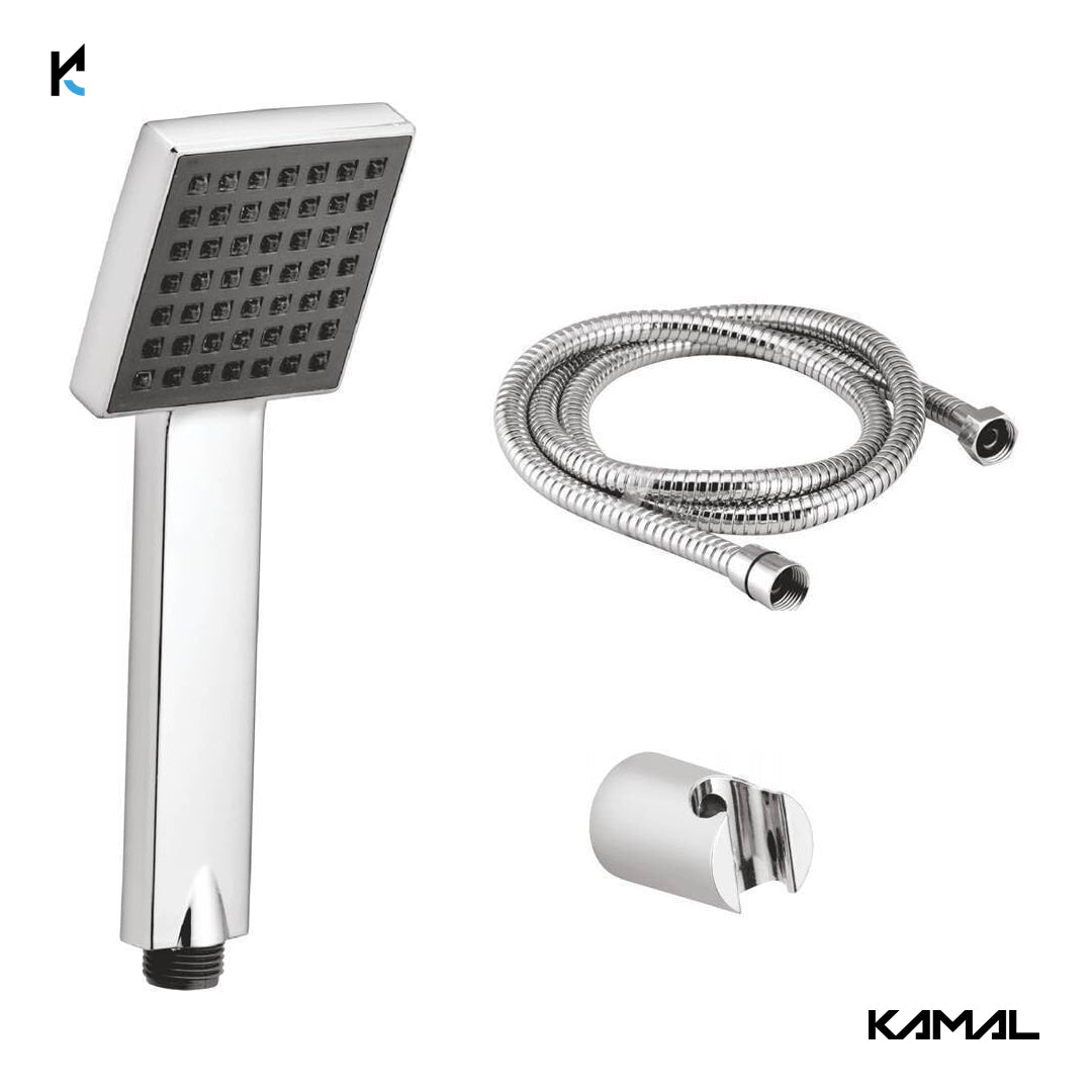 Ace ABS Hand Shower (Metallic Silver with Grey Face) With SS Flexible Tube 1.5 Mtr (150cm) & Wall Hook - by kamal