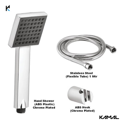 Ace ABS Hand Shower (Metallic Silver with Grey Face) With SS Flexible Tube 1.5 Mtr (150cm) & Wall Hook - by kamal