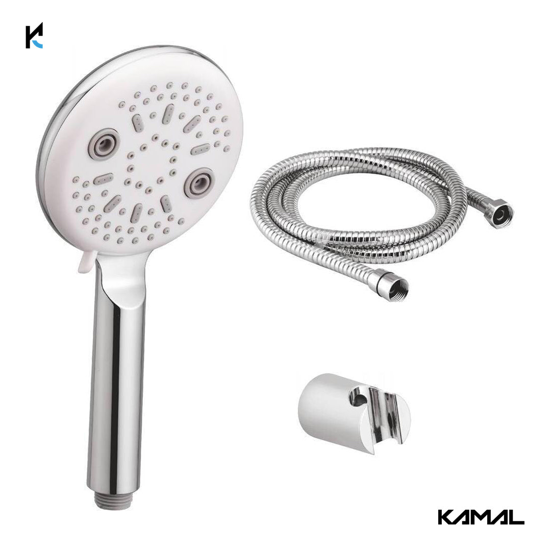 Gio Hand Shower Multiflow (White & Grey) With SS Flexible Tube 1.5 Mtr (150cm) & Wall Hook - by Kamal