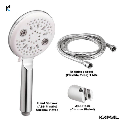 Gio Hand Shower Multiflow (White & Grey) With SS Flexible Tube 1.5 Mtr (150cm) & Wall Hook - by Kamal