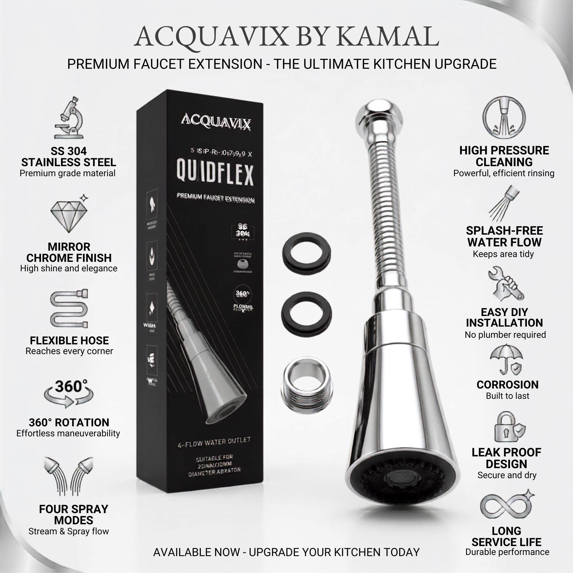 360° Flexible Faucet Extension SS 304 Four Flow Shower & Aerator Mode (ABS & SS Steel) - by Kamal