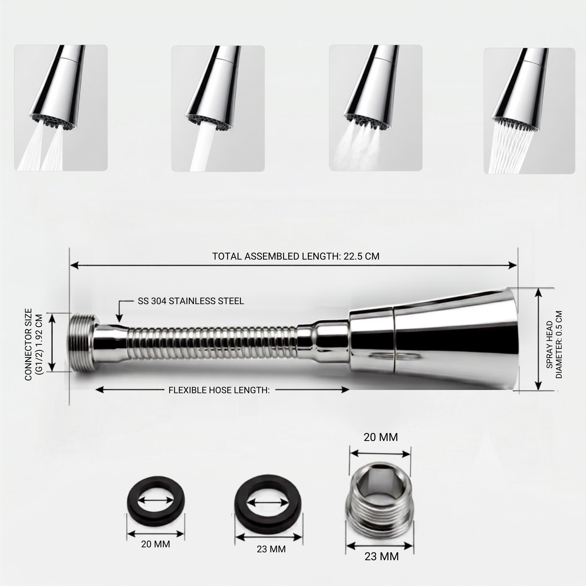360° Flexible Faucet Extension SS 304 Four Flow Shower & Aerator Mode (ABS & SS Steel) - by Kamal