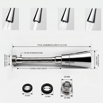 360° Flexible Faucet Extension SS 304 Four Flow Shower & Aerator Mode (ABS & SS Steel) - by Kamal