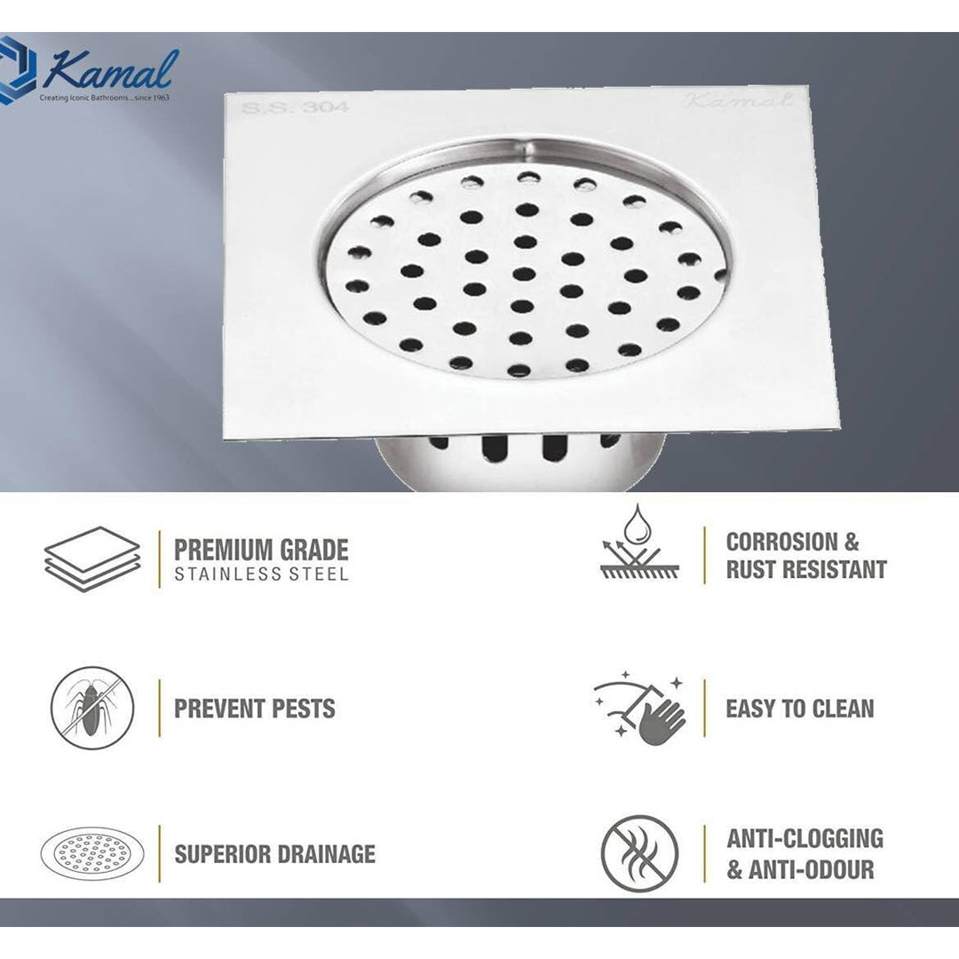 Flatron Cockroach Trap (5x5 Inch) SS 304 Grade Floor Drain Jali with Collar - by Kamal