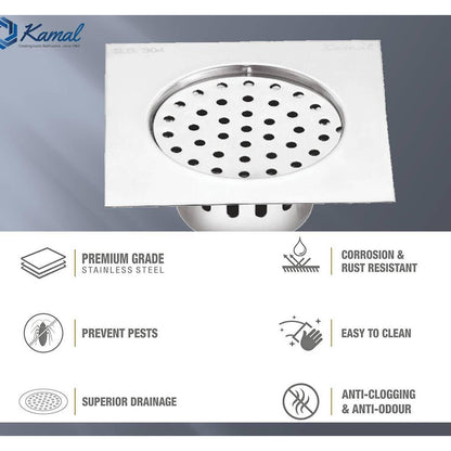 Flatron Cockroach Trap (5x5 Inch) SS 304 Grade Floor Drain Jali with Collar - by Kamal