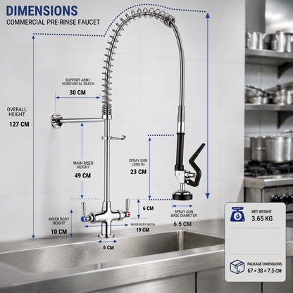 KAMAL Commercial Pre-Rinse Faucet | Heavy-Duty Spring Support | Flexible Spray Hose & Handheld Spray | Hot & Cold Water | Single Center Hole Deck Mount