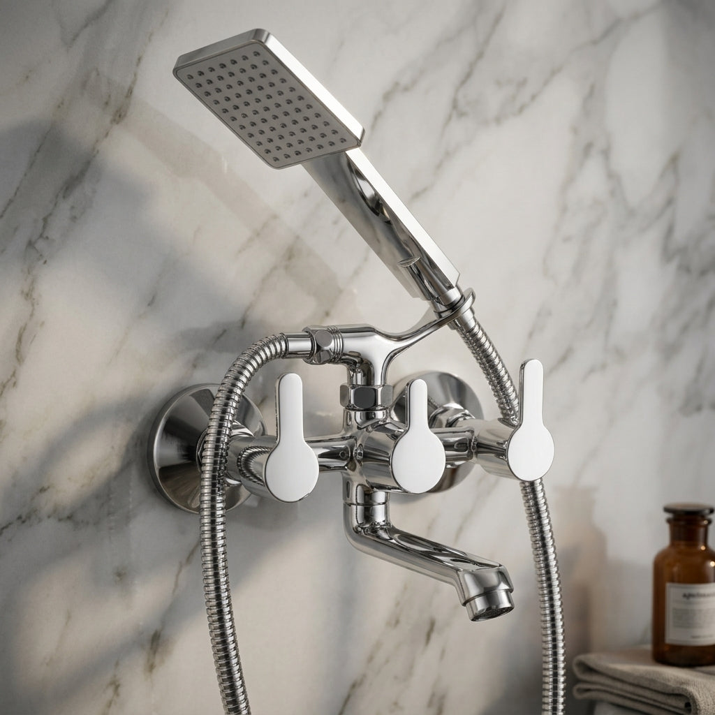 Fusion Wall Mixer by Kamal, full brass bathroom tap with modern design, shown mounted on a wall with handles and spout visible.