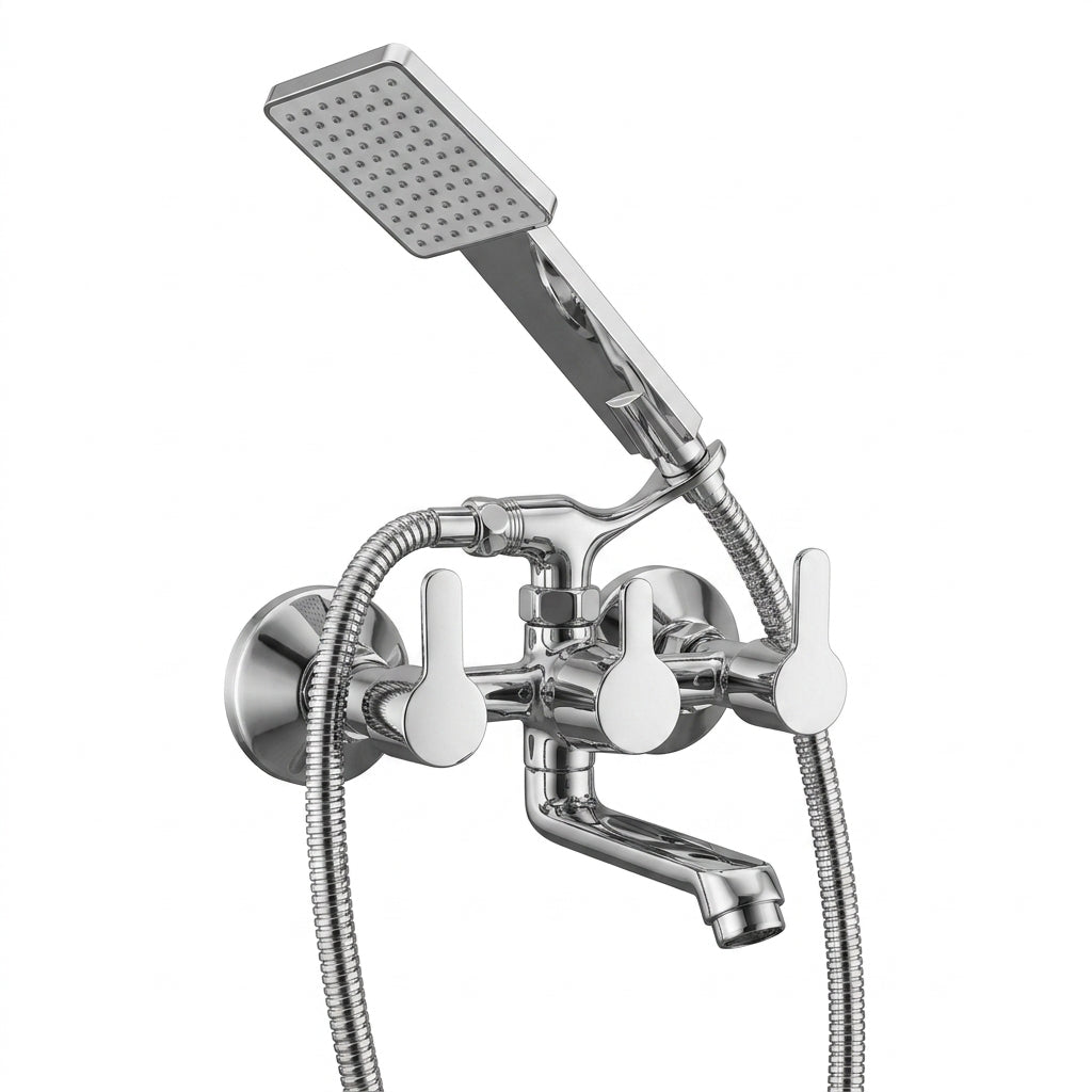 Fusion Wall Mixer by Kamal, full brass bathroom faucet with modern design and single lever control, mounted on a wall.