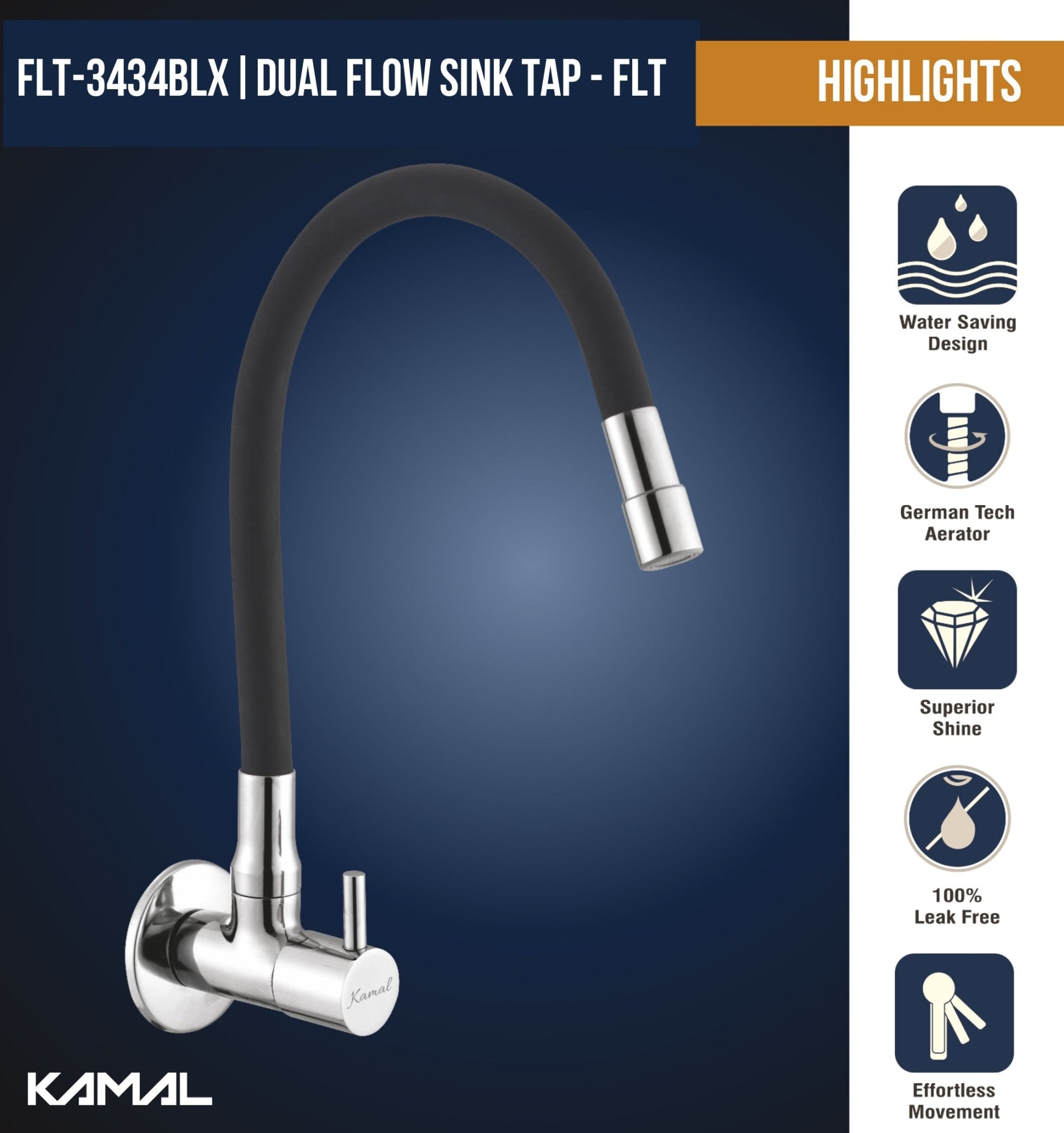 360° Flexible Dual Sink Tap - FLT | Quarter Turn Faucet with 50cm Black Silicone Hose - FLT - Kamal Bathware