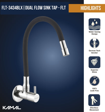 360° Flexible Dual Sink Tap - FLT | Quarter Turn Faucet with 50cm Black Silicone Hose - FLT - Kamal Bathware