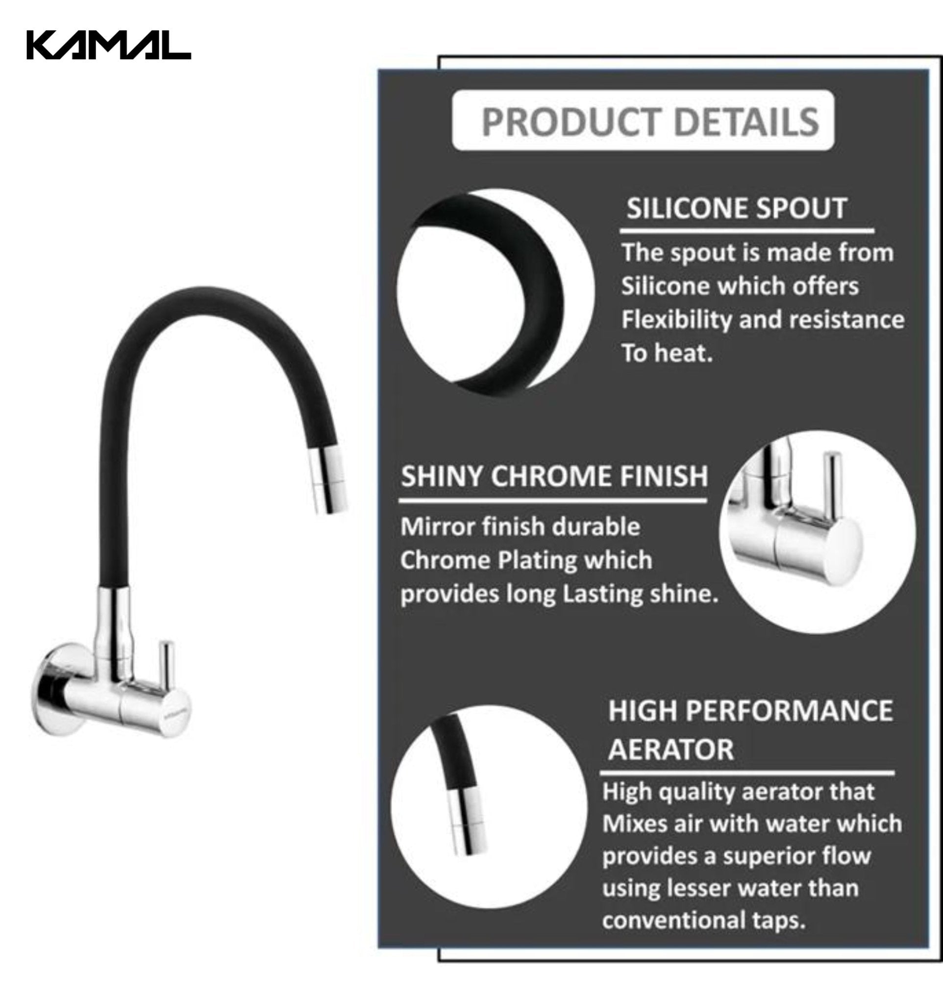 360° Flexible Dual Sink Tap - FLT | Quarter Turn Faucet with 50cm Black Silicone Hose - FLT - Kamal Bathware