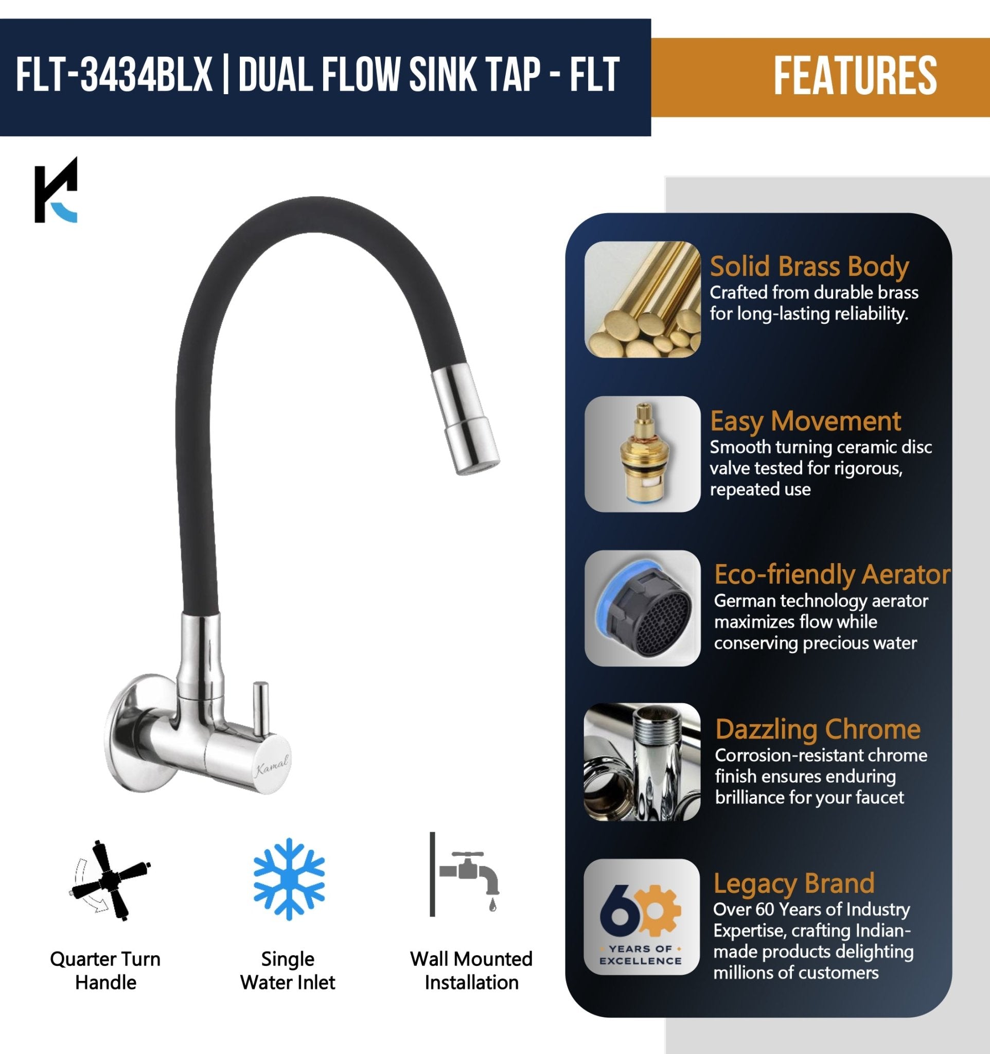 360° Flexible Dual Sink Tap - FLT | Quarter Turn Faucet with 50cm Black Silicone Hose - FLT - Kamal Bathware