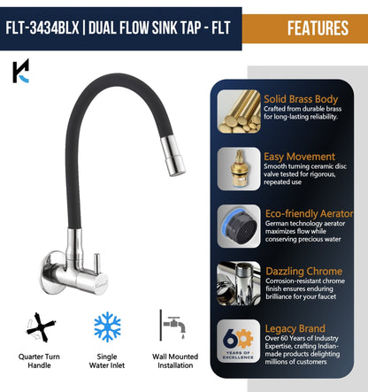 360° Flexible Dual Sink Tap - FLT | Quarter Turn Faucet with 50cm Black Silicone Hose - FLT - Kamal Bathware