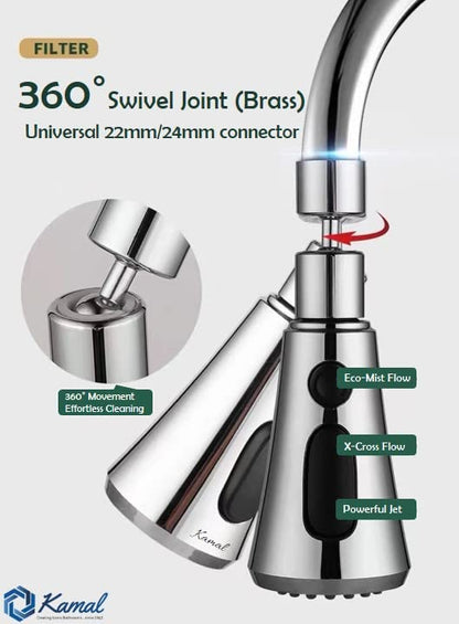 360° Movable Faucet Aerator Infinity 3 Mode Jet X-Cross Eco Mist (ABS) - by Kamal