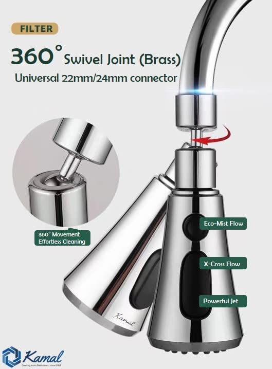 360° Movable Faucet Aerator Infinity 3 Mode Jet X-Cross Eco Mist (ABS) - by Kamal