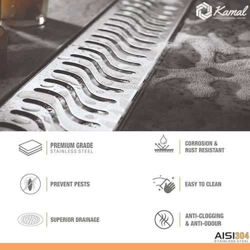 Wave Shower Drain Channel (SS 304 Grade) Side Hole Water Channel Drainers - by Kamal